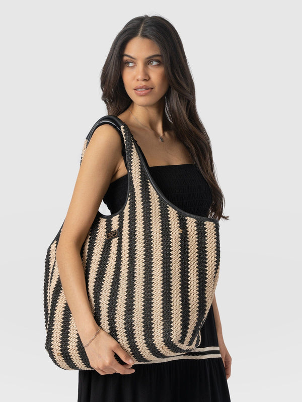 Large Stella Shoulder Tote Bag - Beige/Black Raffia - Women's Handbags | Saint + Sofia® EU