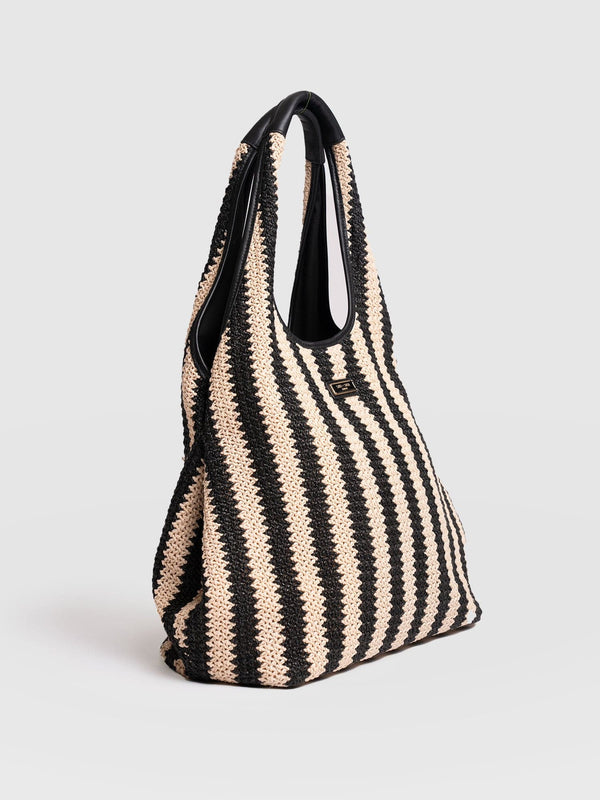 Large Stella Shoulder Tote Bag - Beige/Black Raffia - Women's Handbags | Saint + Sofia® EU