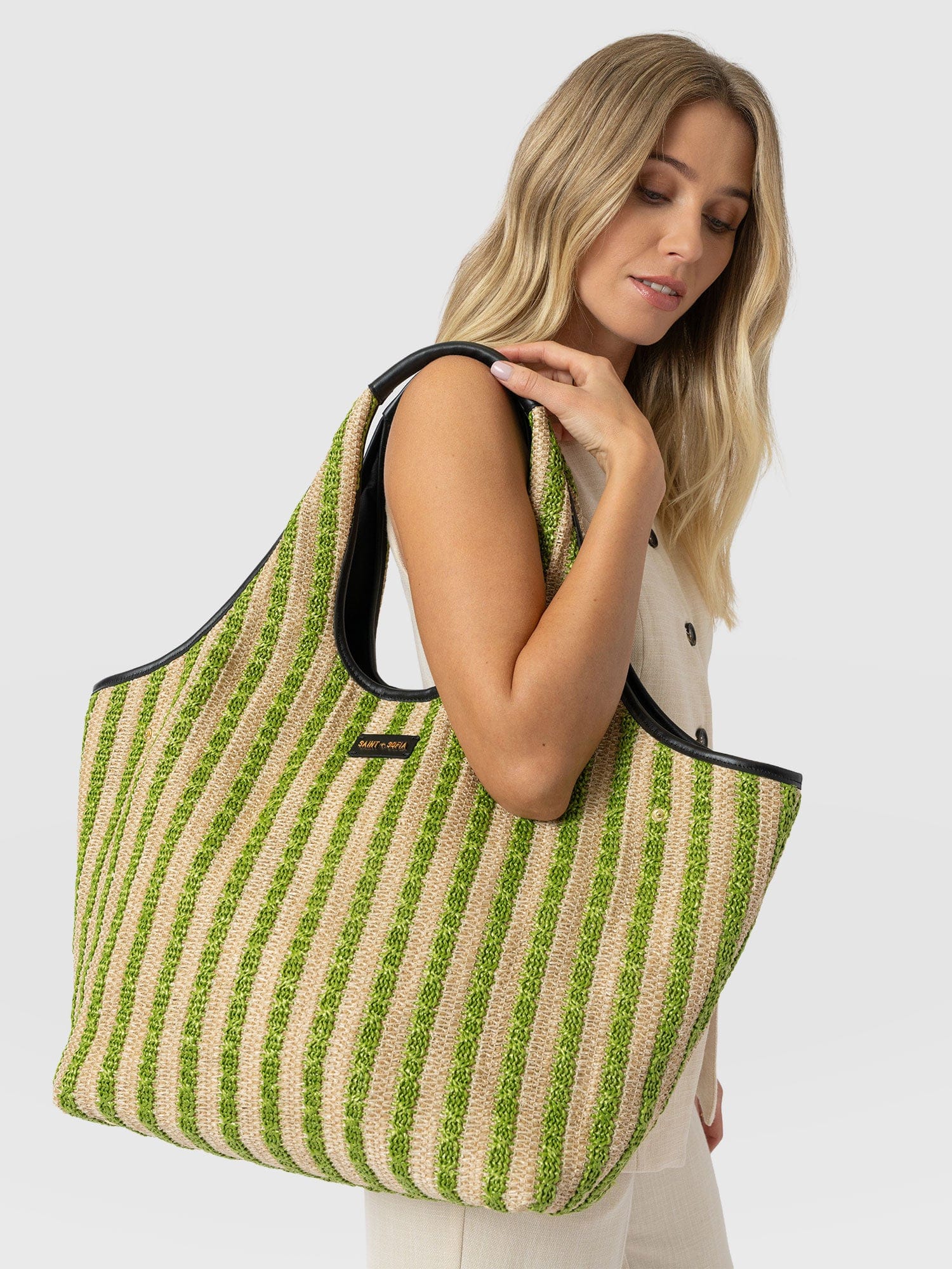 Large Stella Shoulder Tote Bag - Green Raffia - Women's Handbags | Saint + Sofia® EU
