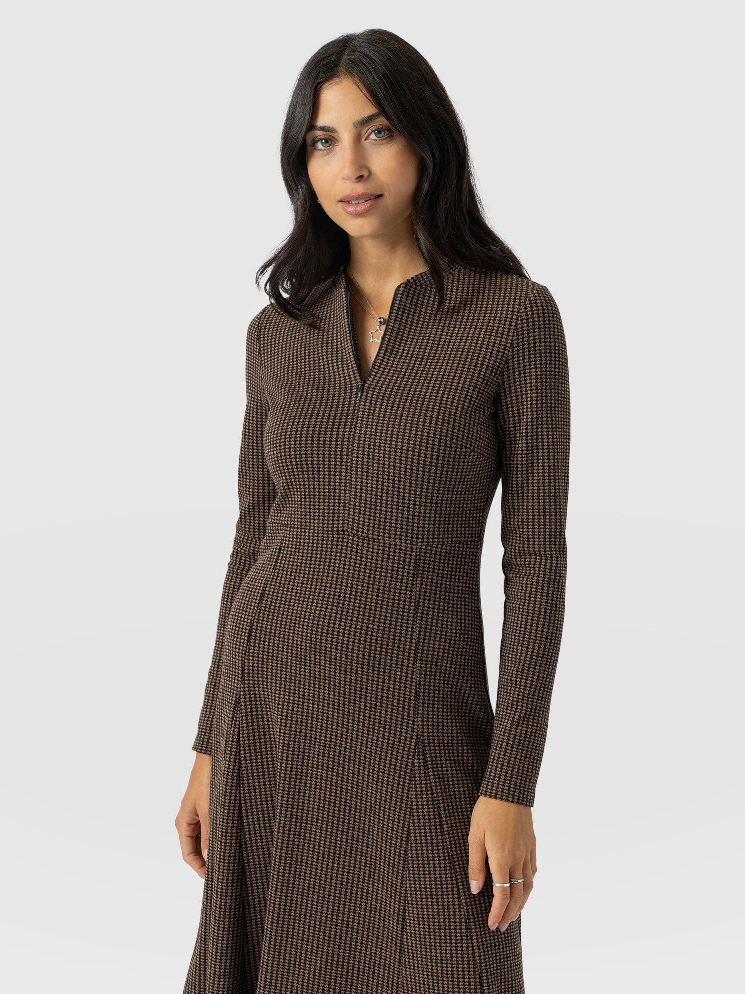 Macie Zip Up Dress - Brown Mini Houndstooth - Women's Dresses | Saint + Sofia® EU