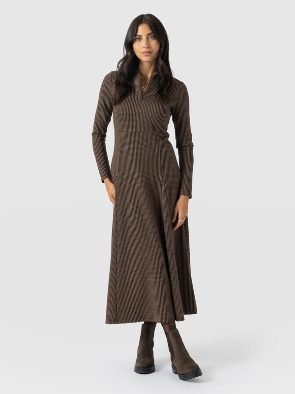 Macie Zip Up Dress - Brown Mini Houndstooth - Women's Dresses | Saint + Sofia® EU