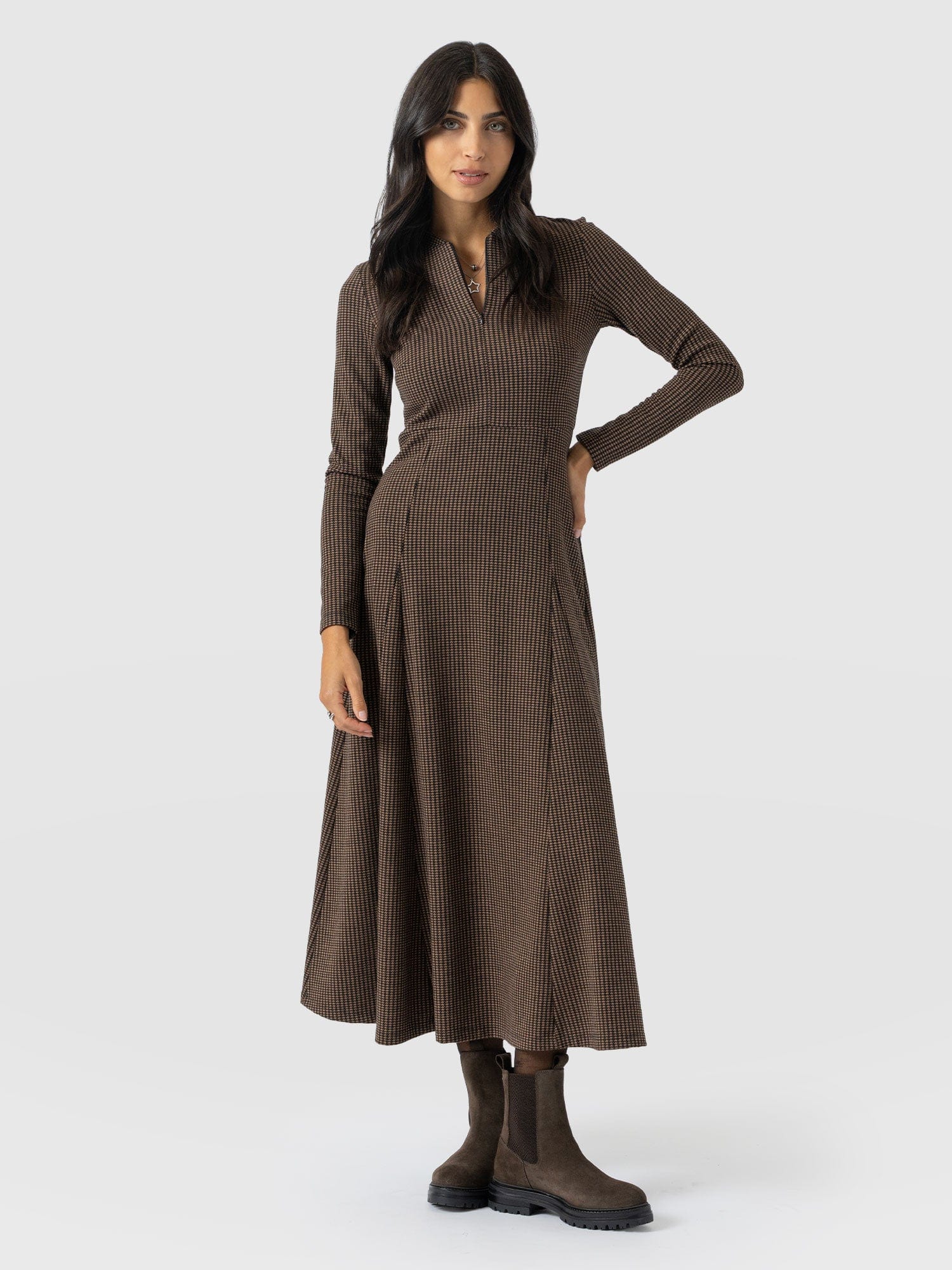 Macie Zip Up Dress - Brown Mini Houndstooth - Women's Dresses | Saint + Sofia® EU