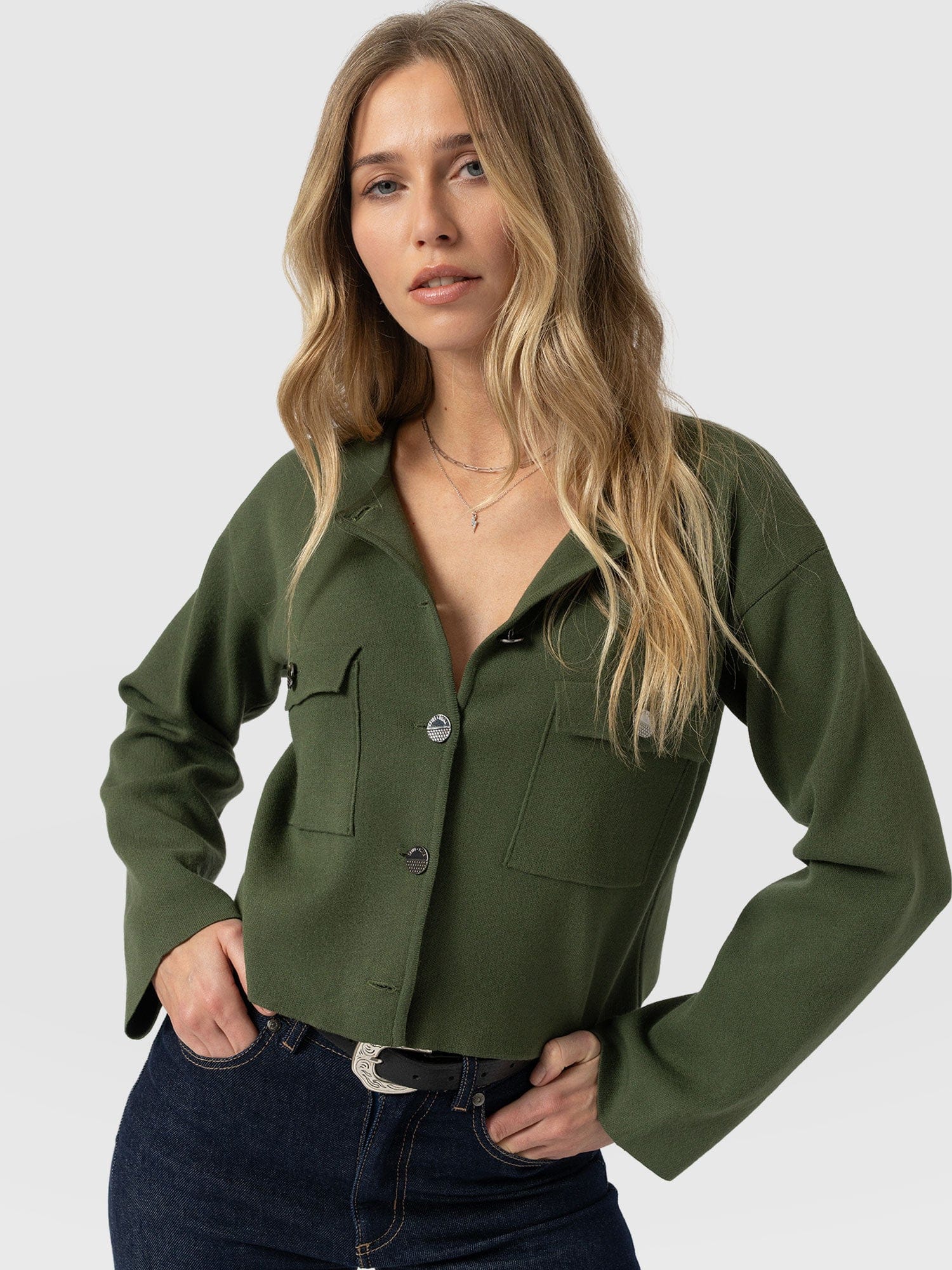 Maeva Knit Jacket - Khaki - Women's Knitwears | Saint + Sofia® EU