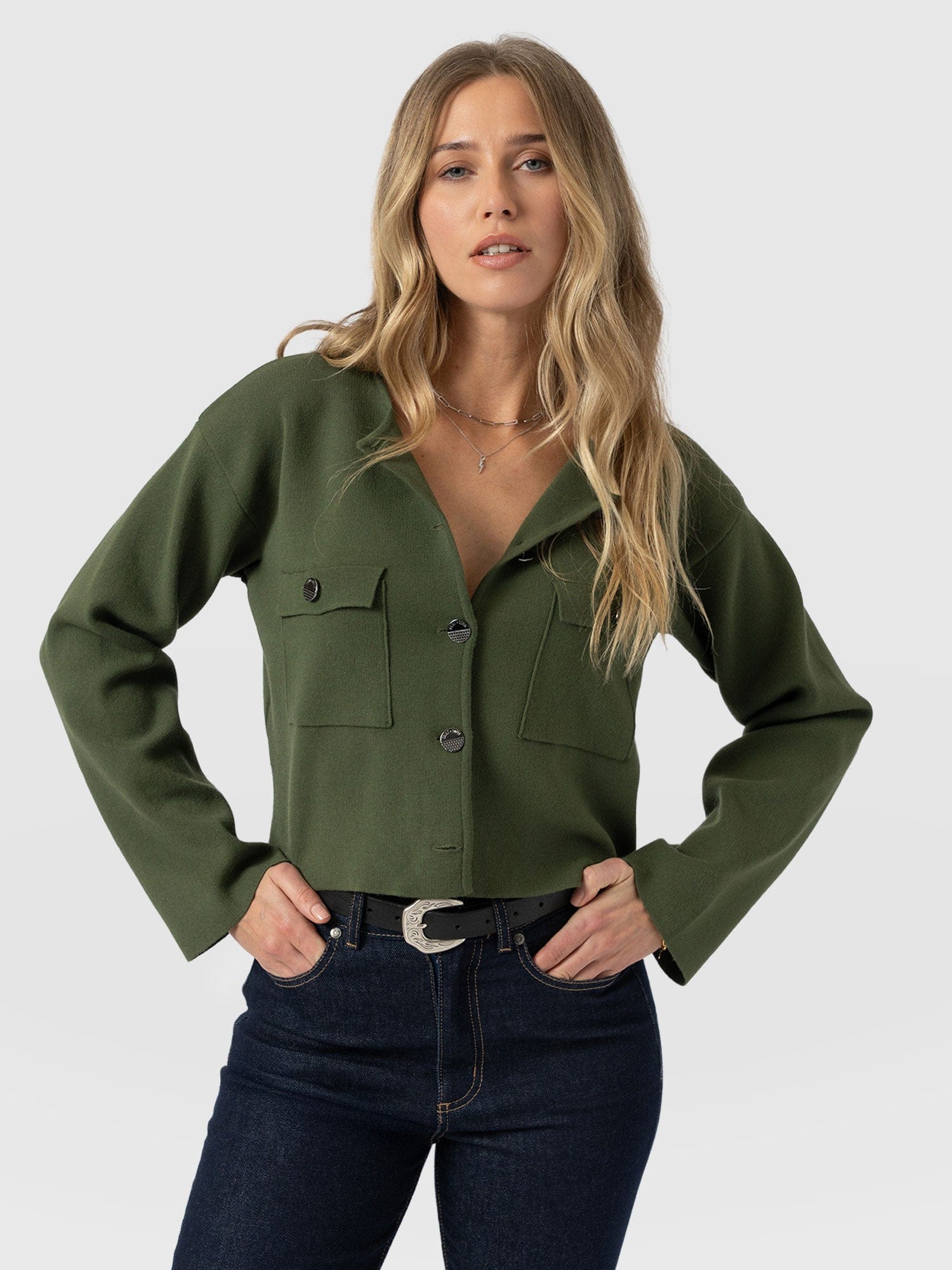 Maeva Knit Jacket - Khaki - Women's Knitwears | Saint + Sofia® EU