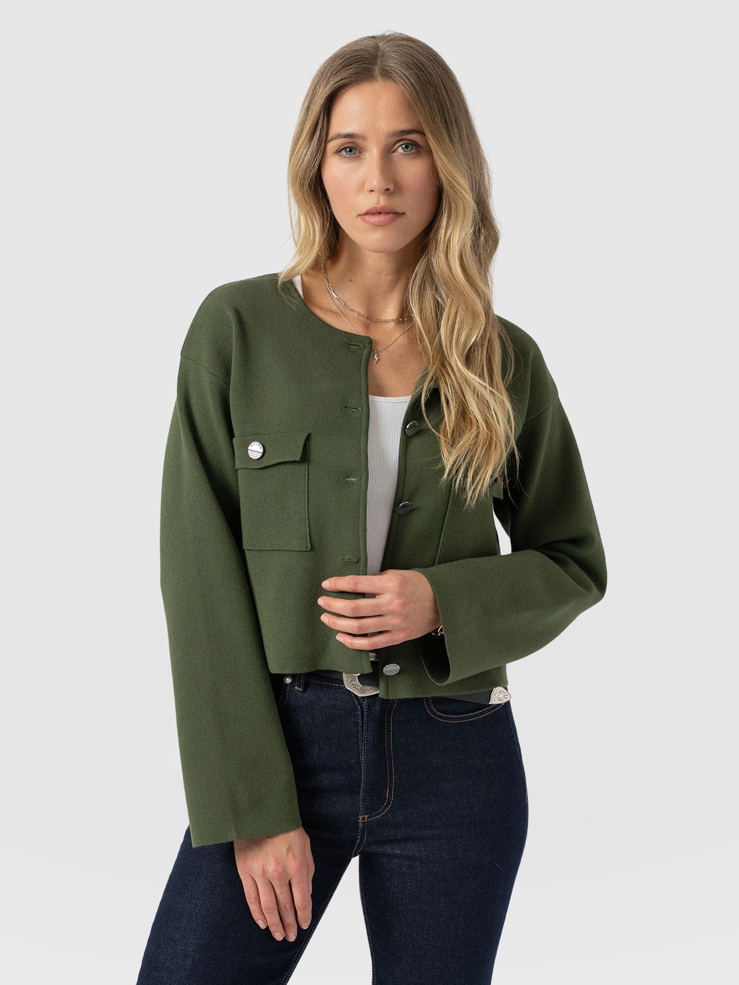 Maeva Knit Jacket - Khaki - Women's Knitwears | Saint + Sofia® EU