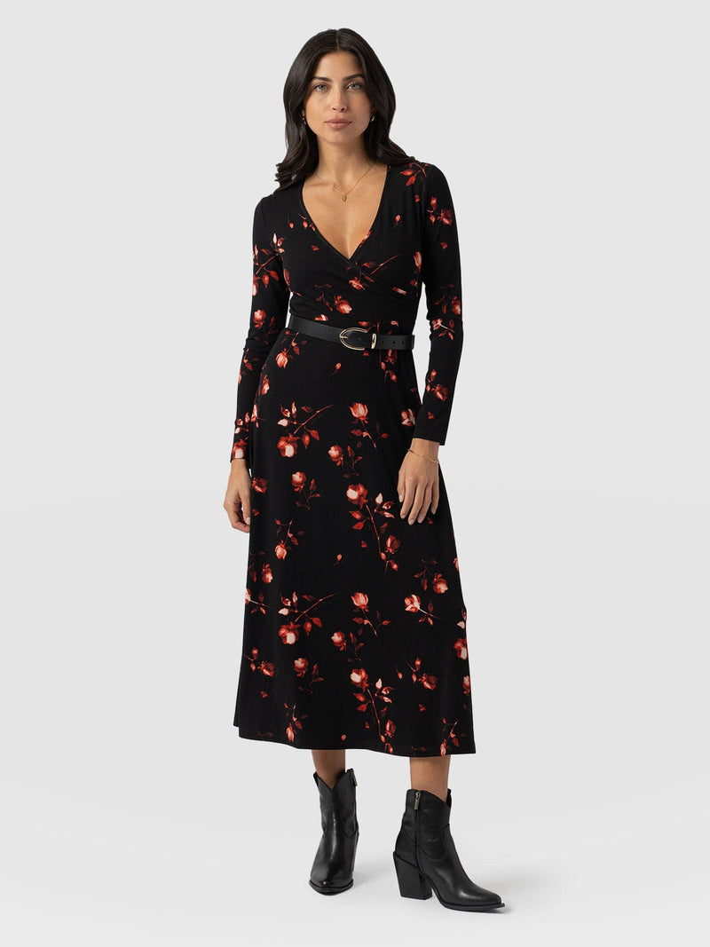 Maggie Wrap Midi Dress Dark Roses - Women's Dresses | Saint + Sofia® EU