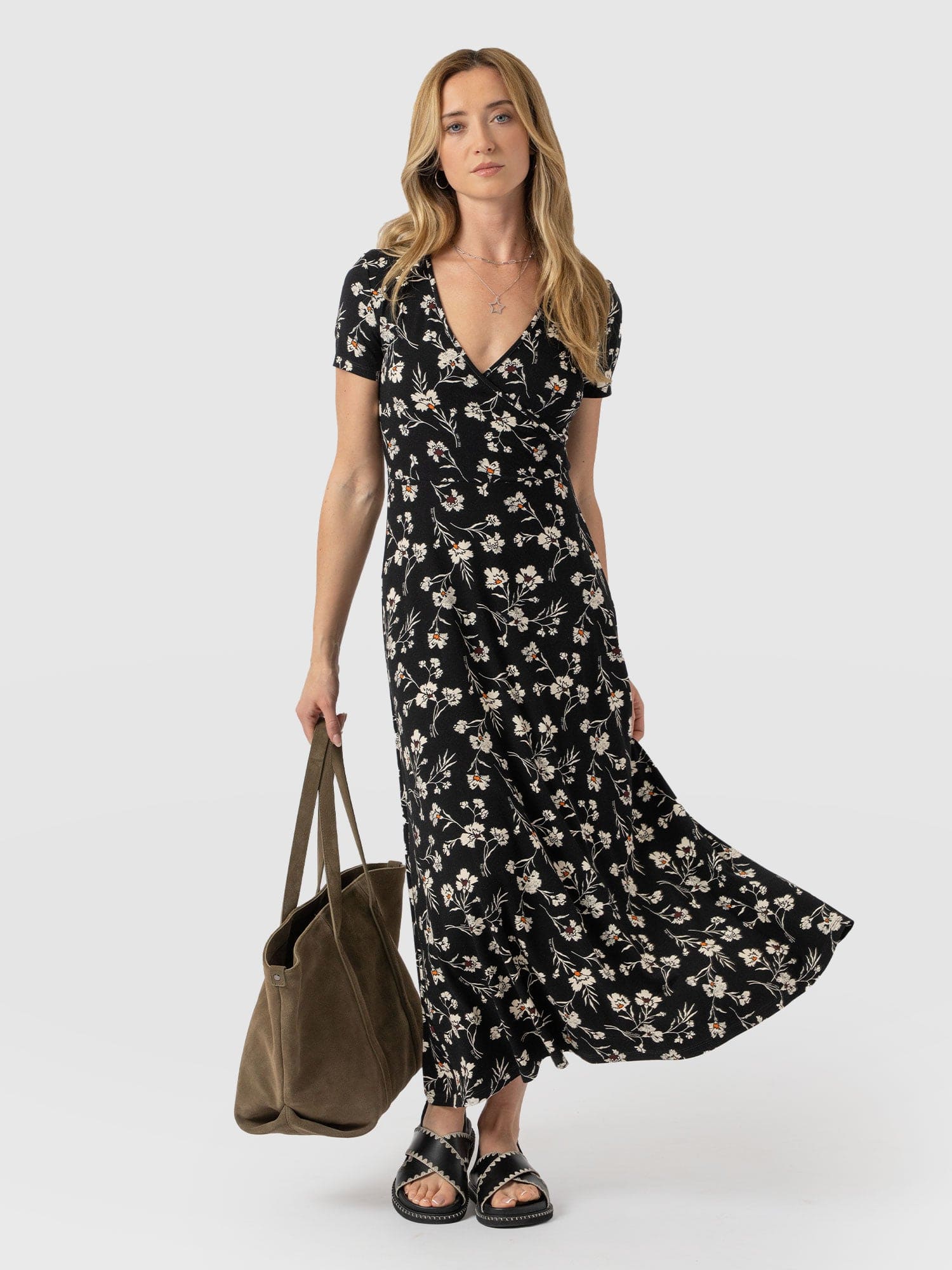 Maggie Wrap Short Sleeve Midi Dress  - Black Spring Floral - Women's Dresss | Saint + Sofia® EU