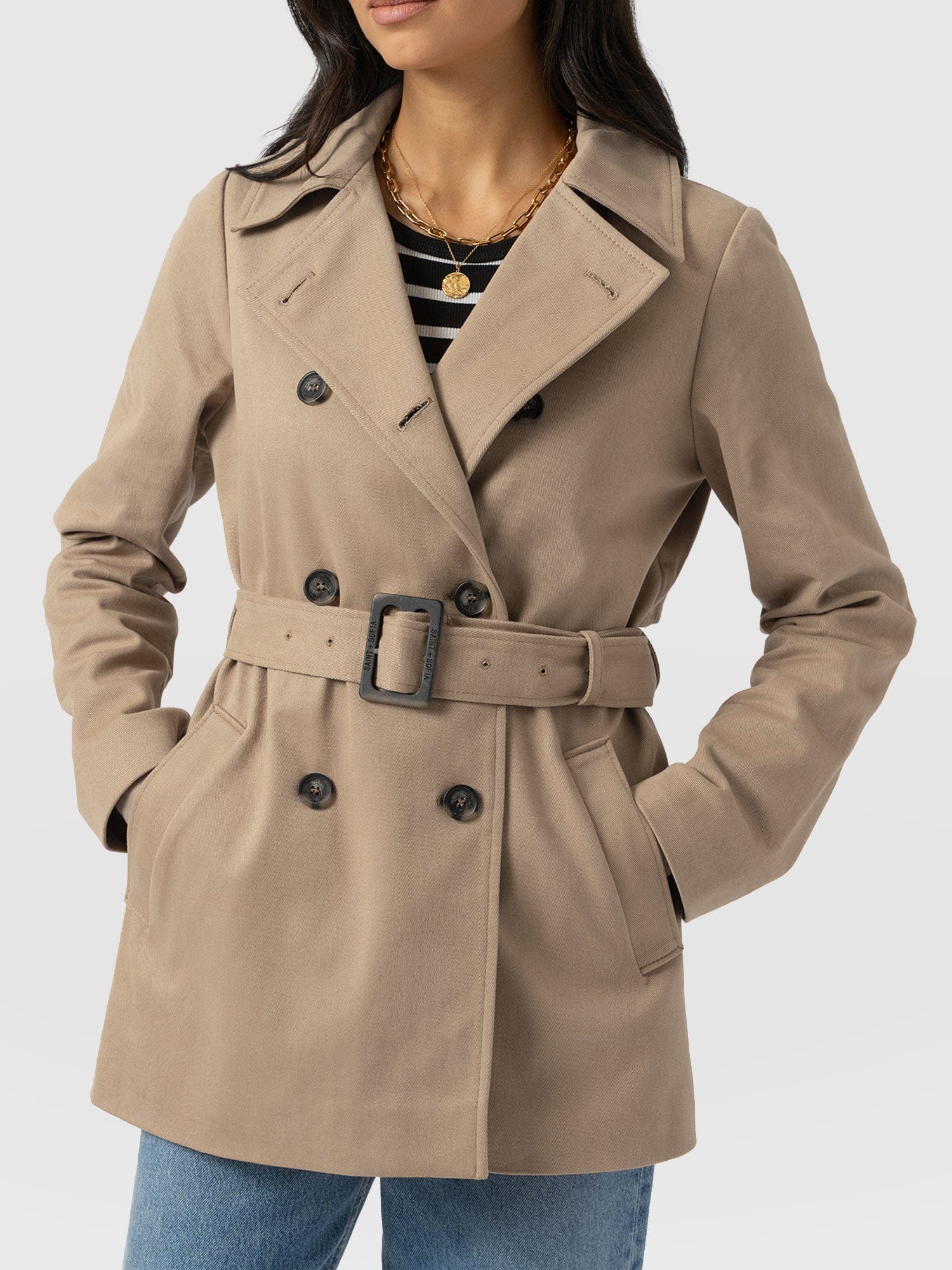 Marion Double Breasted Short Trench - Beige - Women's Outerwears | Saint + Sofia® EU