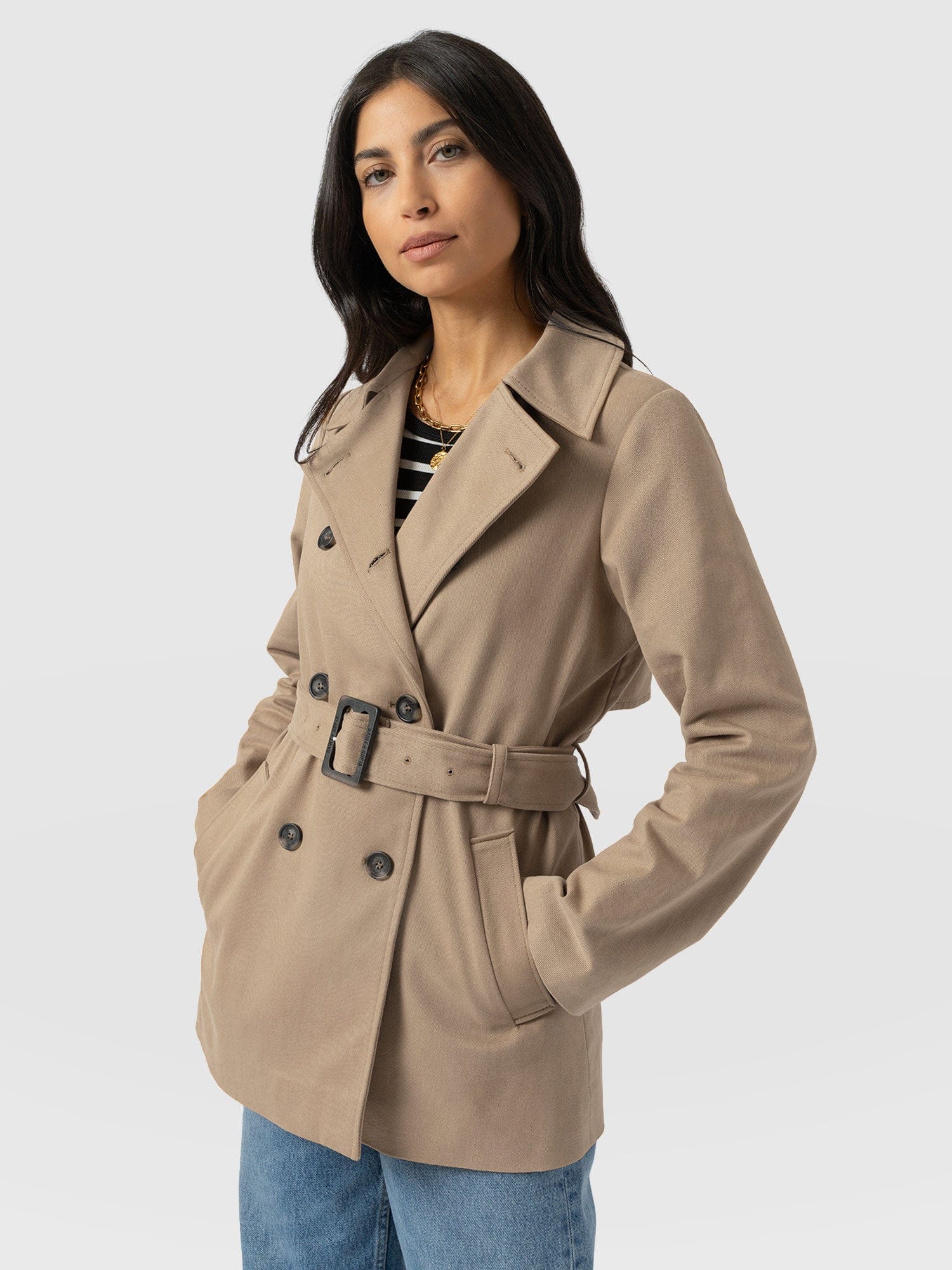 Marion Double Breasted Short Trench - Beige - Women's Outerwears | Saint + Sofia® EU