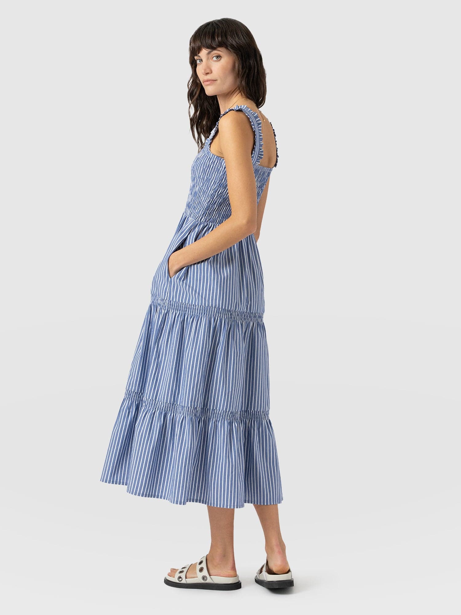 Maya Shirring Dress - Blue Stripe - Women's Dresses | Saint + Sofia® EU
