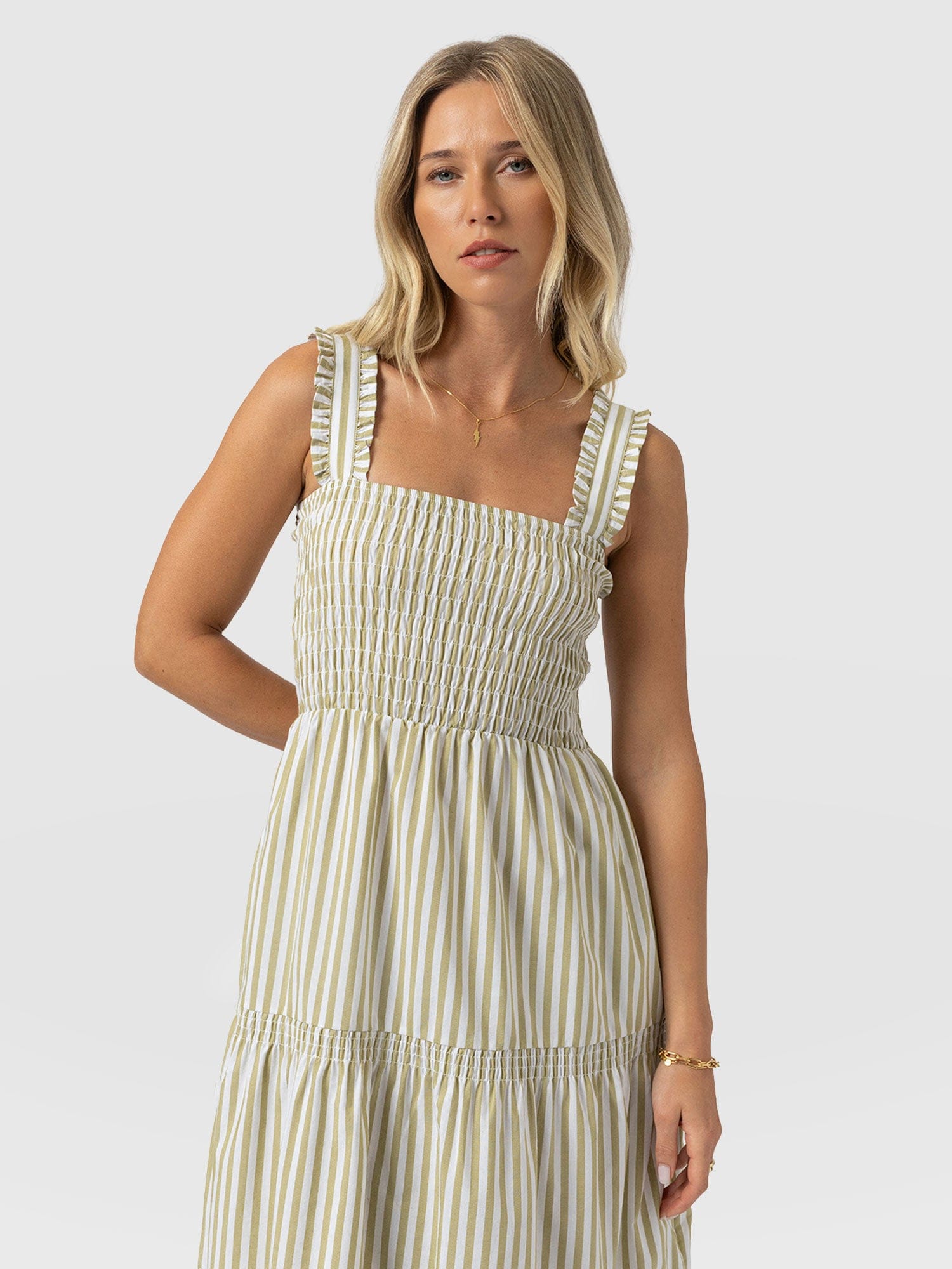 Maya Shirring Dress - Green Stripe - Women's Dresses | Saint + Sofia® EU