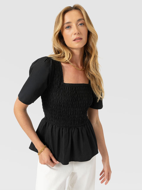 Maya Shirring Peplum Top - Black - Women's T-shirts | Saint + Sofia® EU