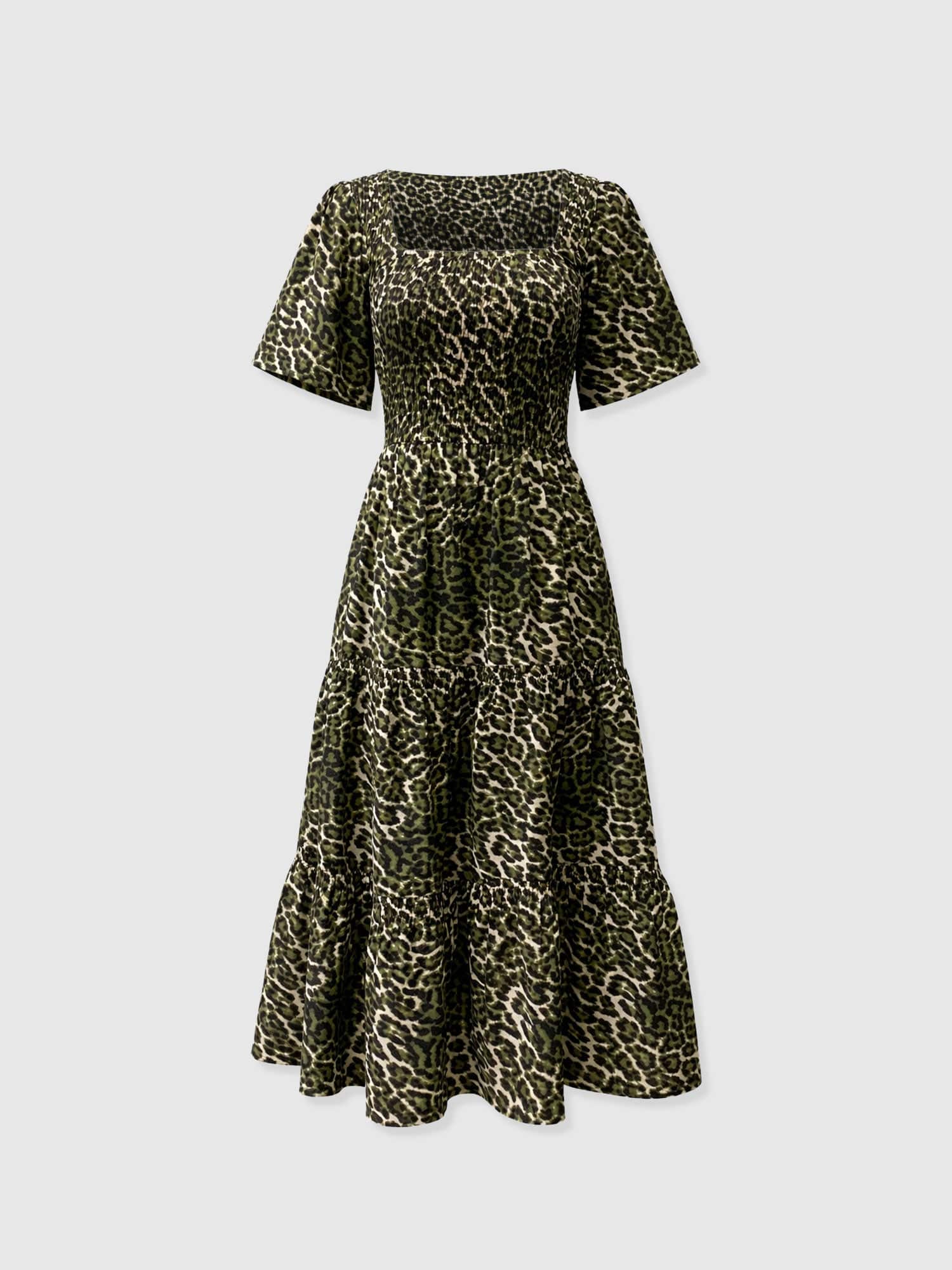 Maya Shirring Short Sleeve Dress - Green Leopard - Women's Dresses | Saint + Sofia® EU