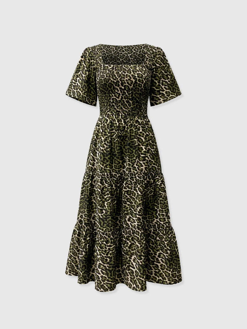 Maya Shirring Short Sleeve Dress - Green Leopard - Women's Dresses | Saint + Sofia® EU