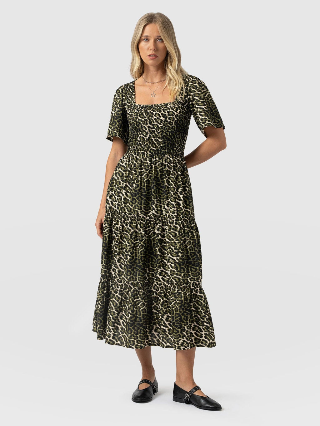 leopard print green dress Maya Shirring Short Sleeve Dress - Green Leopard - Women's Dresses