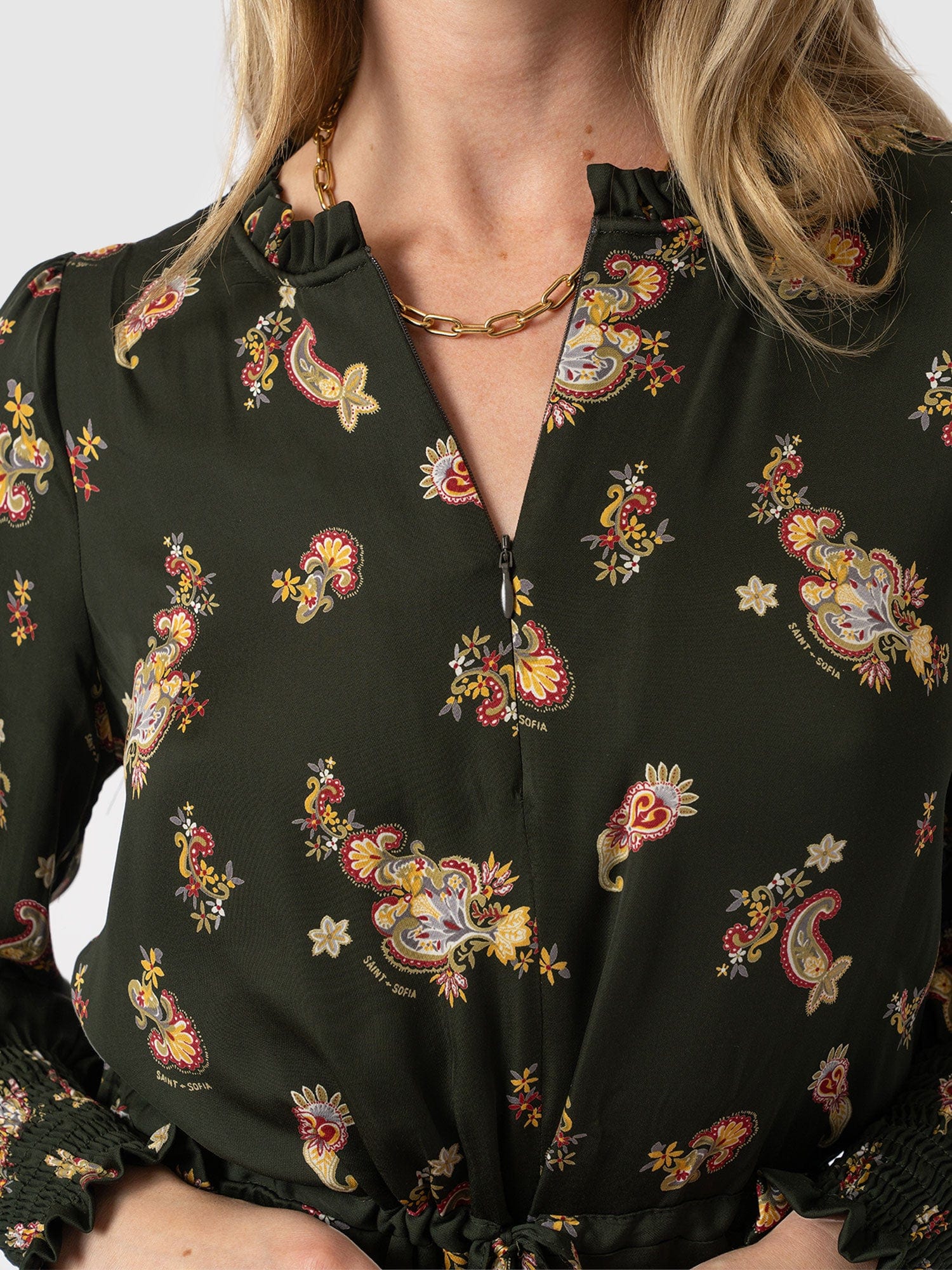 Mini Olivia Zip Up Dress Khaki Paisley - Women's Dresses | Saint + Sofia® EU