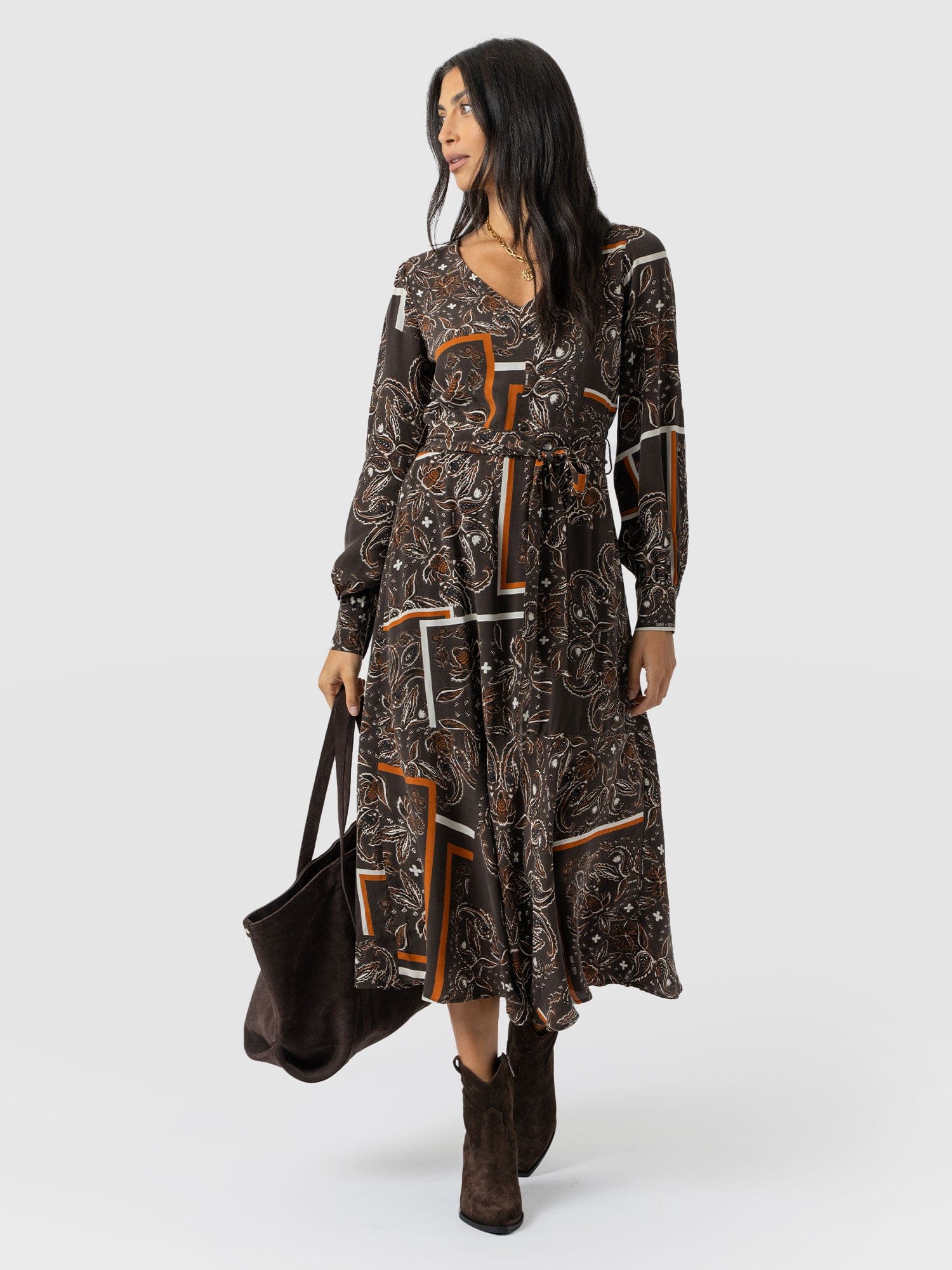 Naya V Neck Dress - Brown Paisley - Women's Dresses | Saint + Sofia? EU