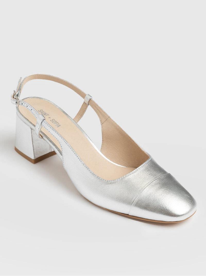 Odette Block Heel Sling Back Silver - Women's Leather Boots | Saint + Sofia® EU