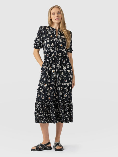 Olivia Zip Up Short Sleeve Dress - Black Spring Floral - Women's Dresss | Saint + Sofia® EU