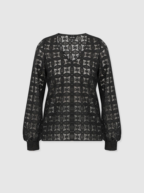 Ottilie V Neck Blouse - Black Broderie - Women's Blouses | Saint + Sofia® EU
