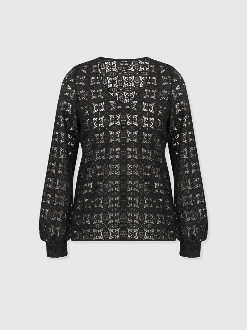 Ottilie V Neck Blouse - Black Broderie - Women's Blouses | Saint + Sofia® EU