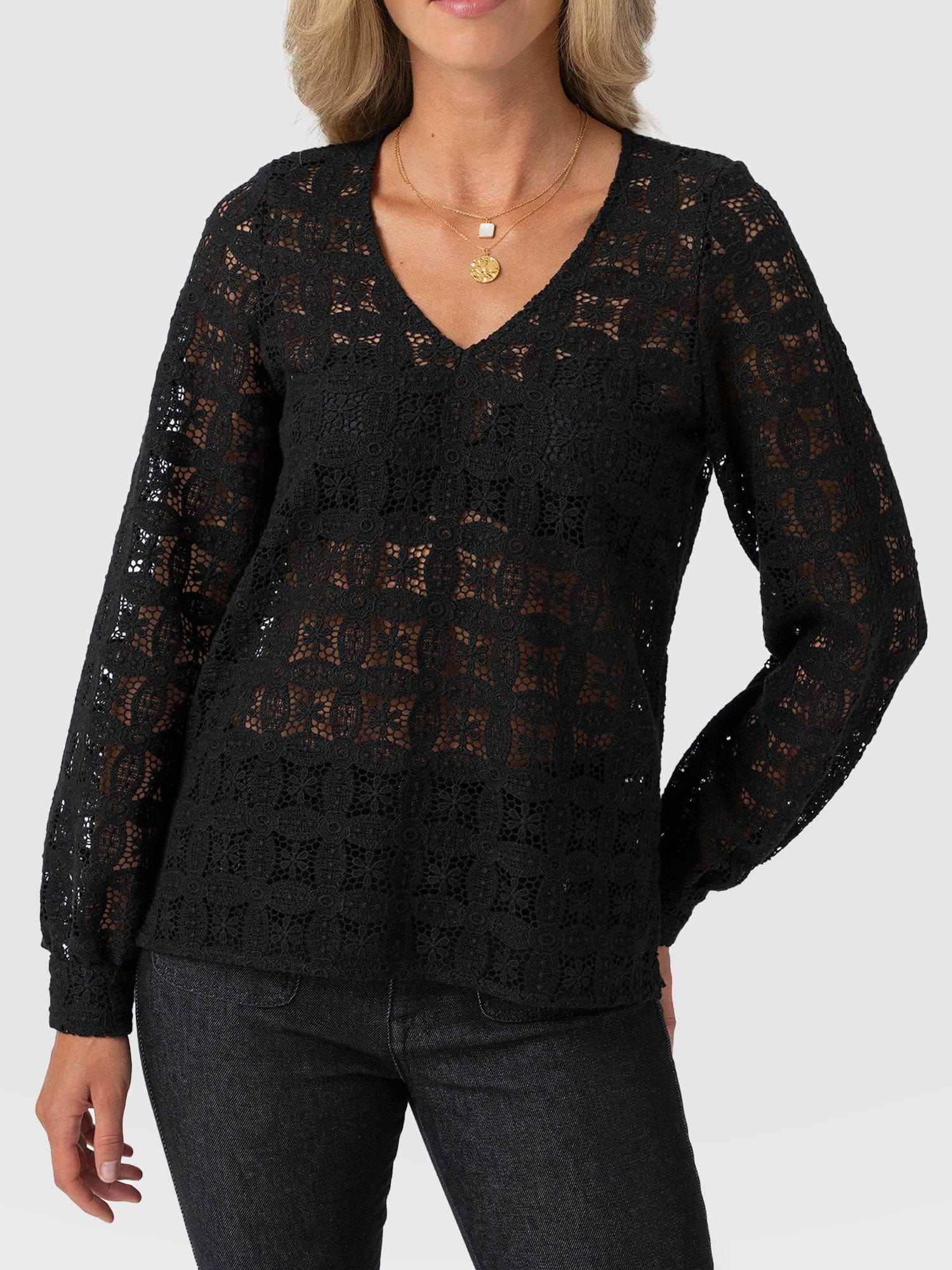 Ottilie V Neck Blouse - Black Broderie - Women's Blouses | Saint + Sofia® EU