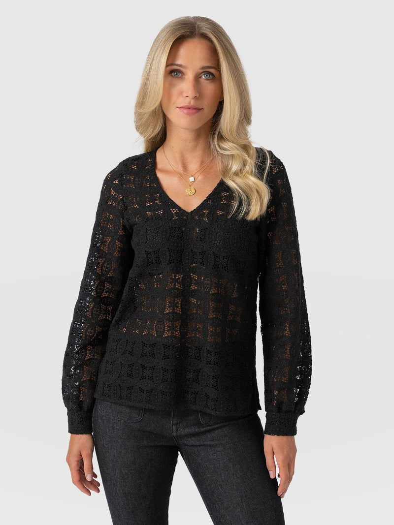 Ottilie V Neck Blouse - Black Broderie - Women's Blouses | Saint + Sofia® EU