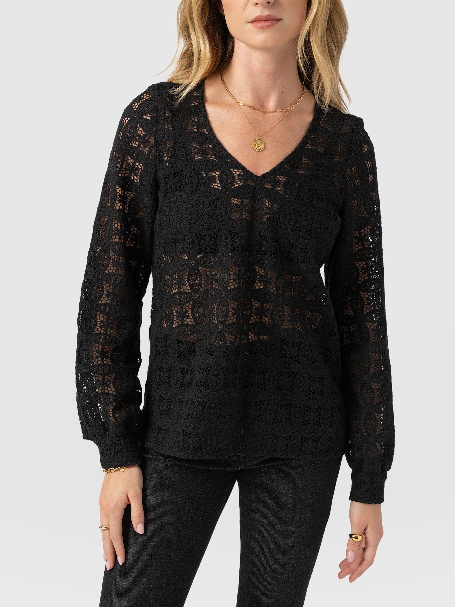 Ottilie V Neck Blouse - Black Broderie - Women's Blouses | Saint + Sofia® EU