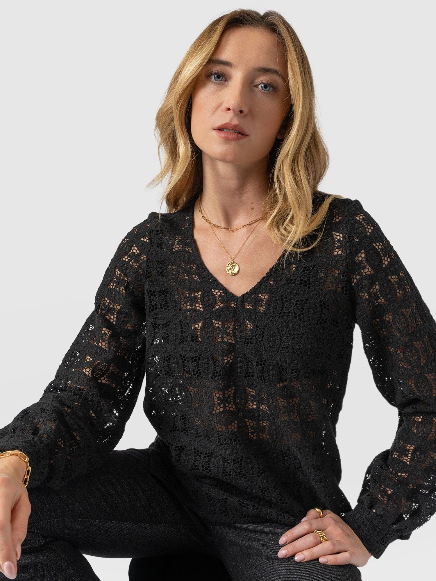 Ottilie V Neck Blouse - Black Broderie - Women's Blouses | Saint + Sofia® EU