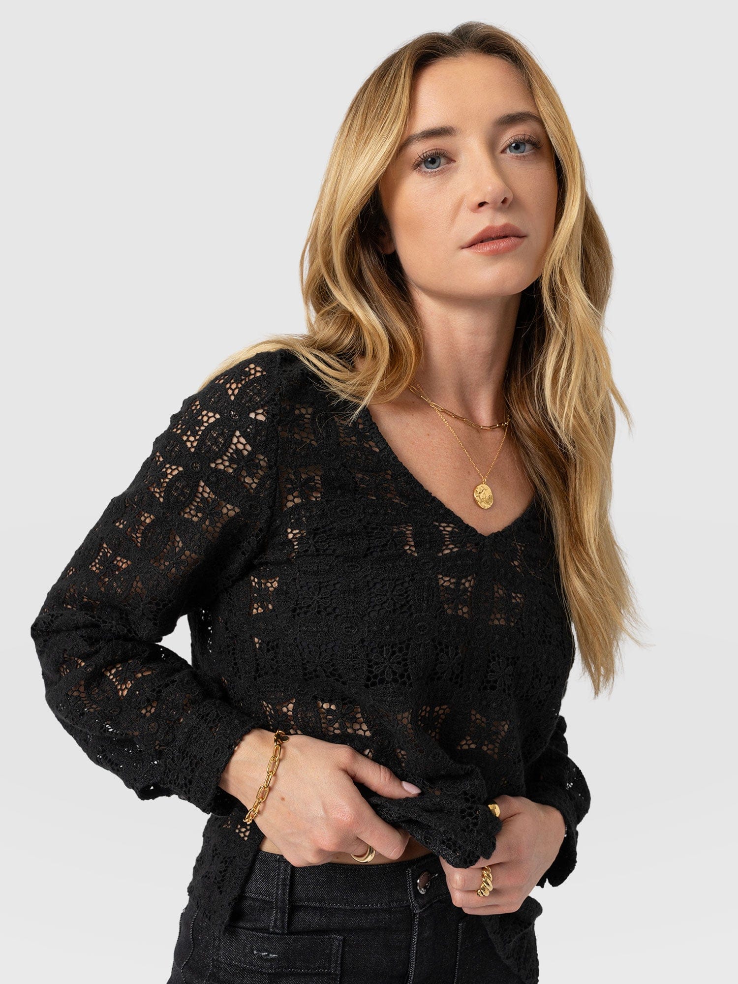 Ottilie V Neck Blouse - Black Broderie - Women's Blouses | Saint + Sofia® EU