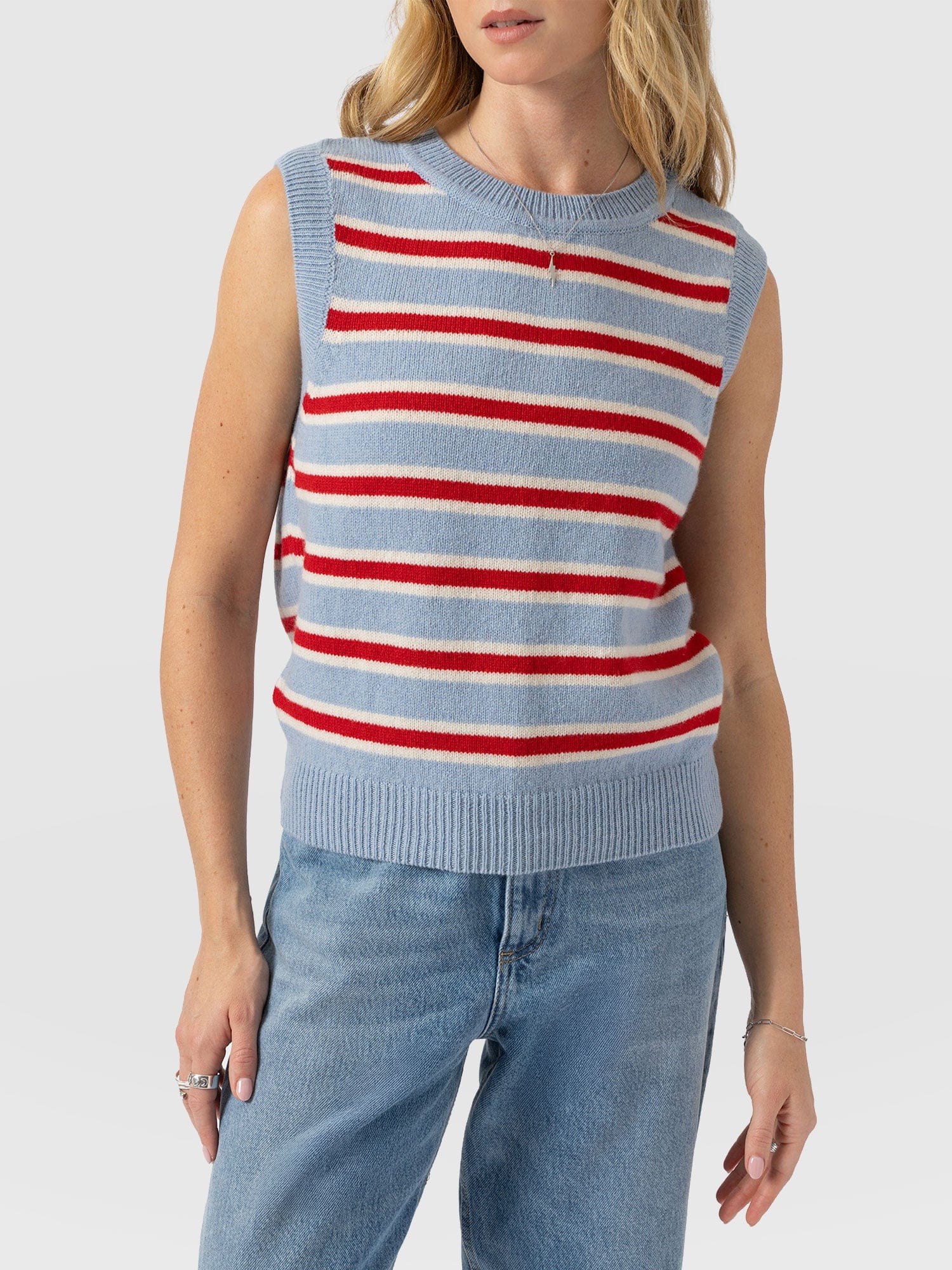 Oxford Cashmere Sleeveless Knit - Blue Stripe - Women's Jumpers | Saint + Sofia® EU