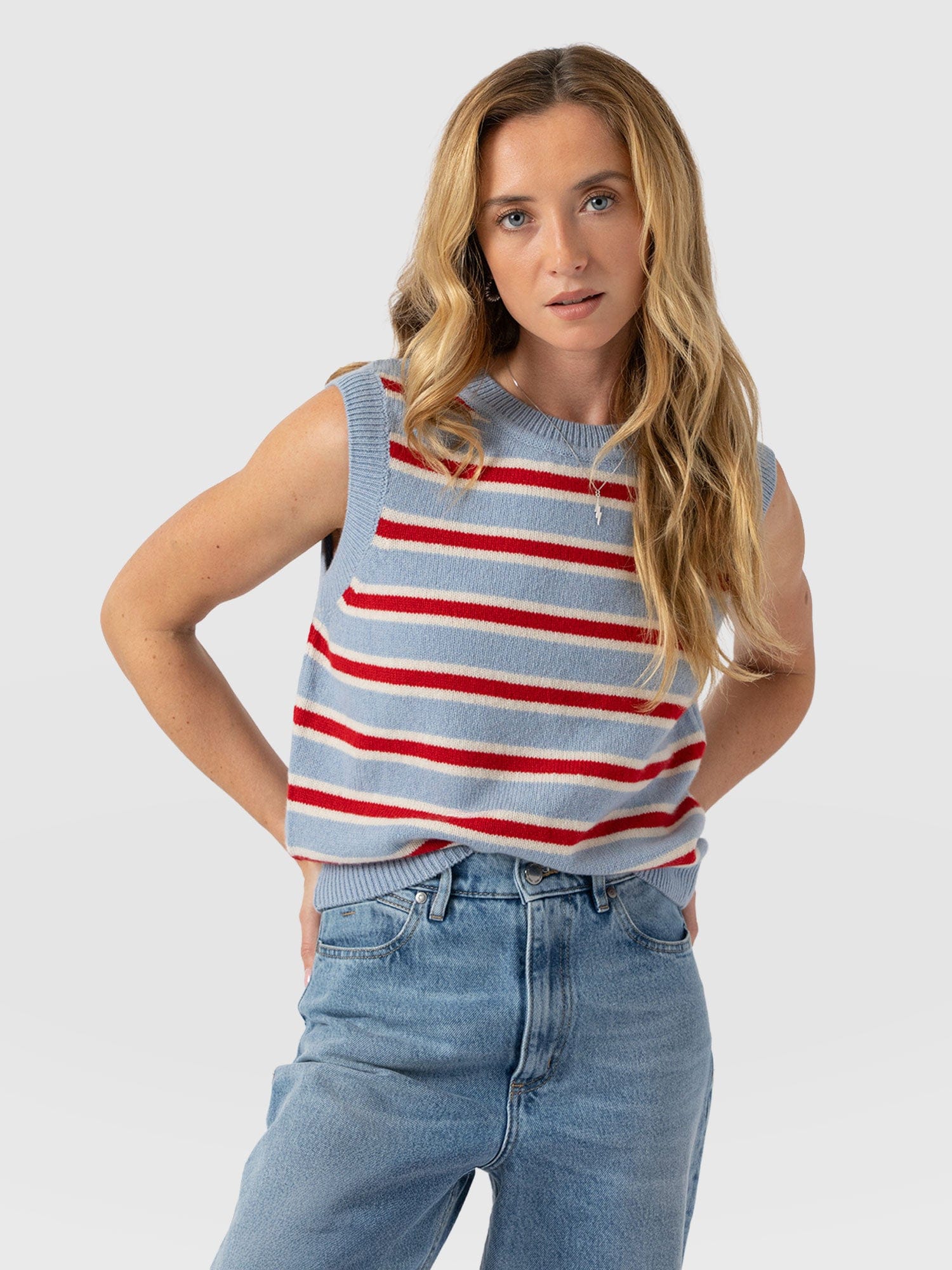 Oxford Cashmere Sleeveless Knit - Blue Stripe - Women's Jumpers | Saint + Sofia® EU