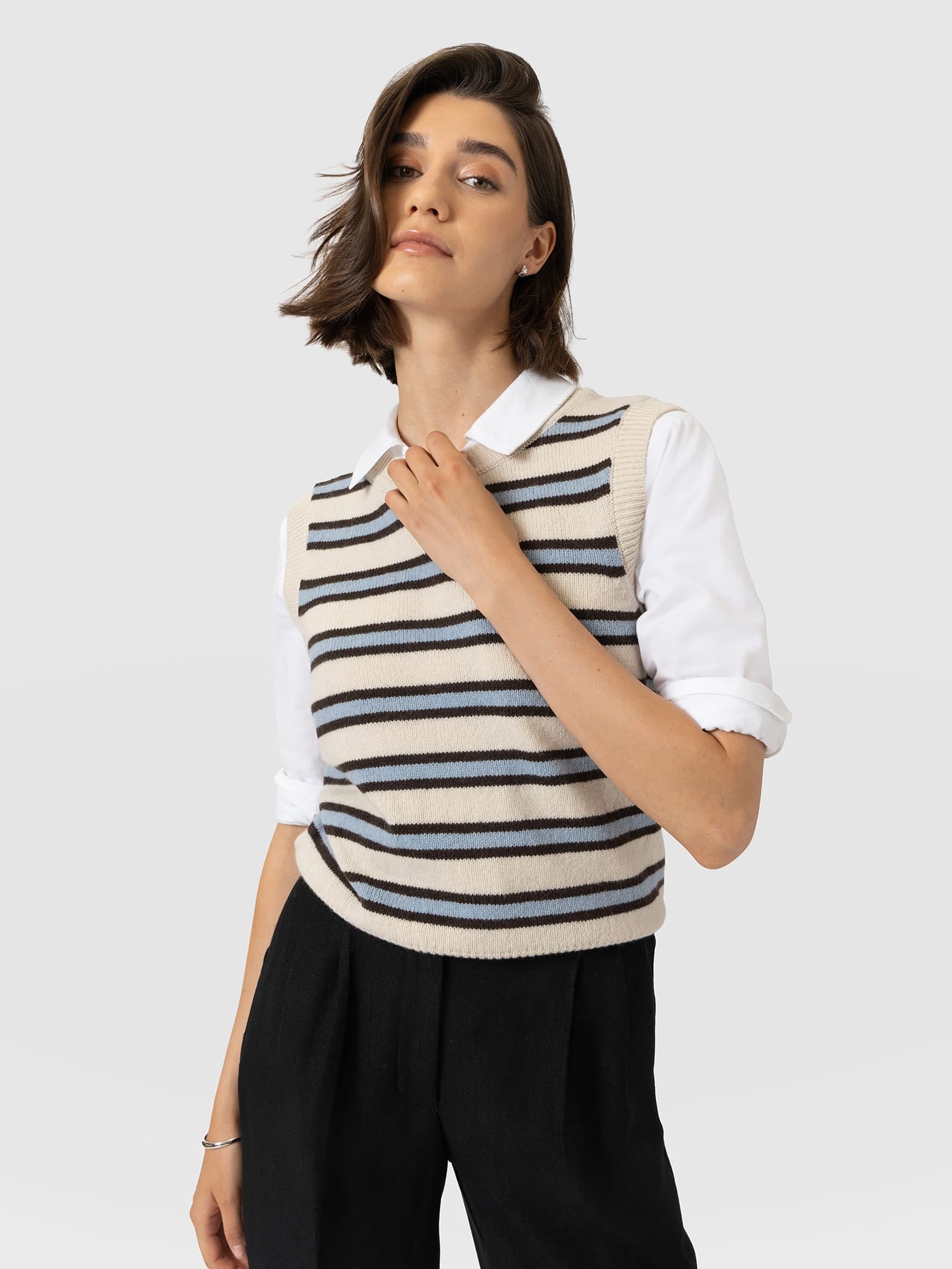 Oxford Cashmere Sleeveless Knit - Cream Stripe - Women's Jumpers | Saint and Sofia® EU