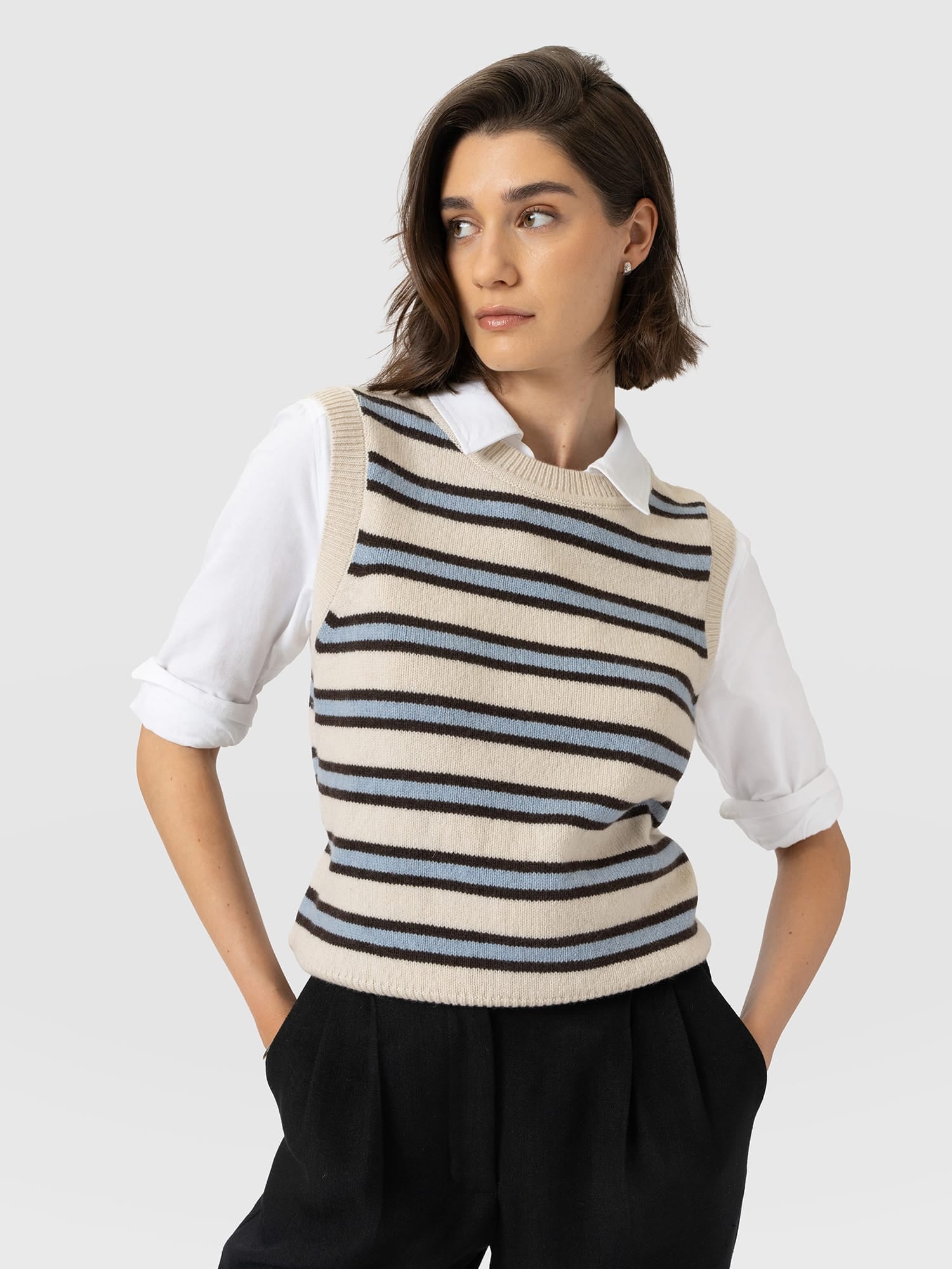 Oxford Cashmere Sleeveless Knit - Cream Stripe - Women's Jumpers | Saint and Sofia® EU