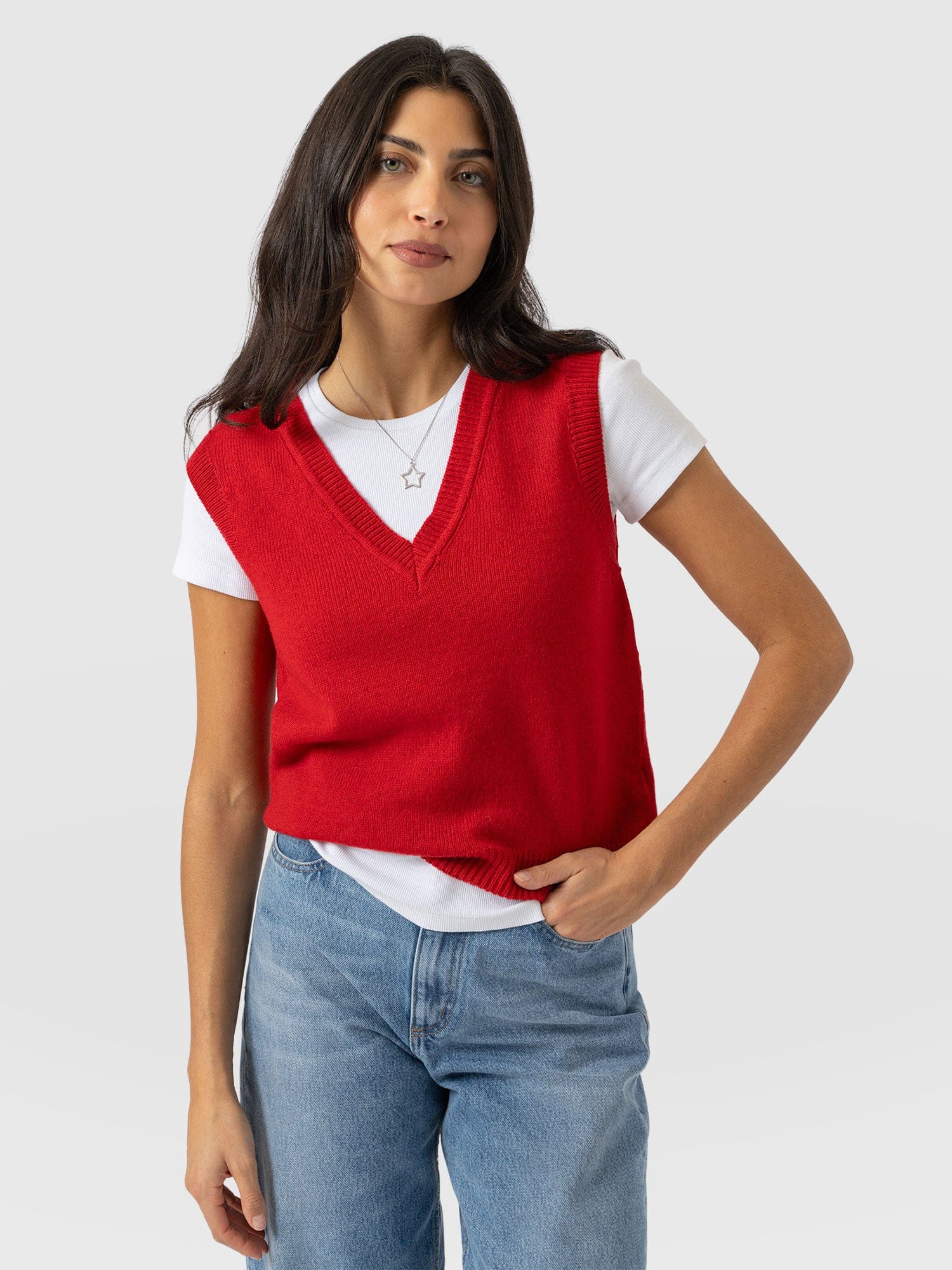 Oxford Cashmere V Neck Sleeveless Knit - Red - Women's Jumpers | Saint + Sofia® EU