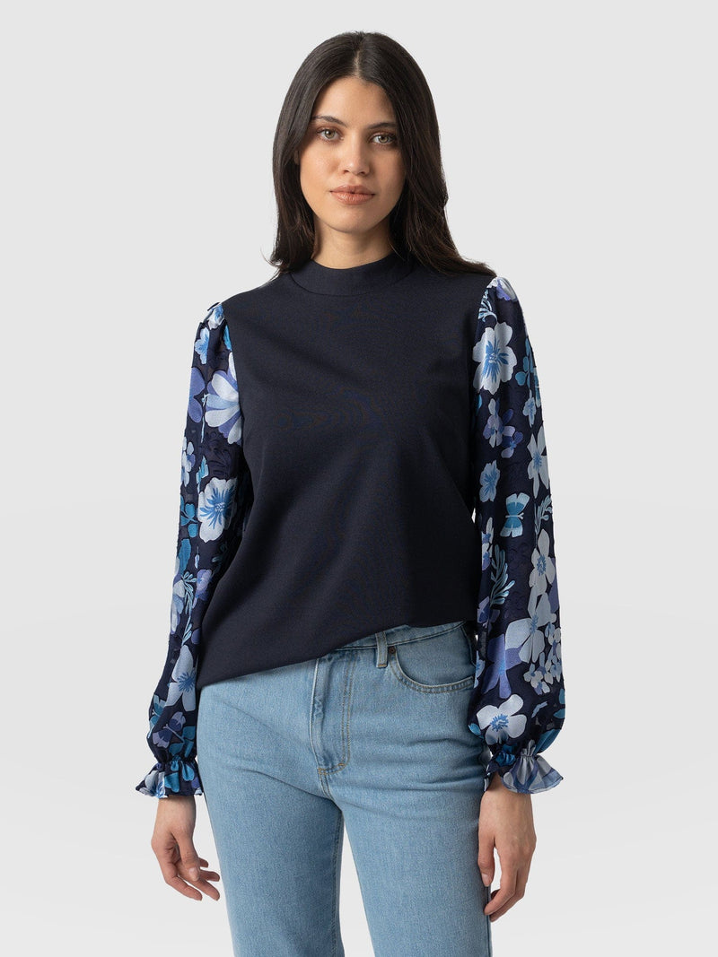 Penny Puff Sleeve Long Sleeve Navy Pop Floral - Women's T-Shirts | Saint + Sofia® EU