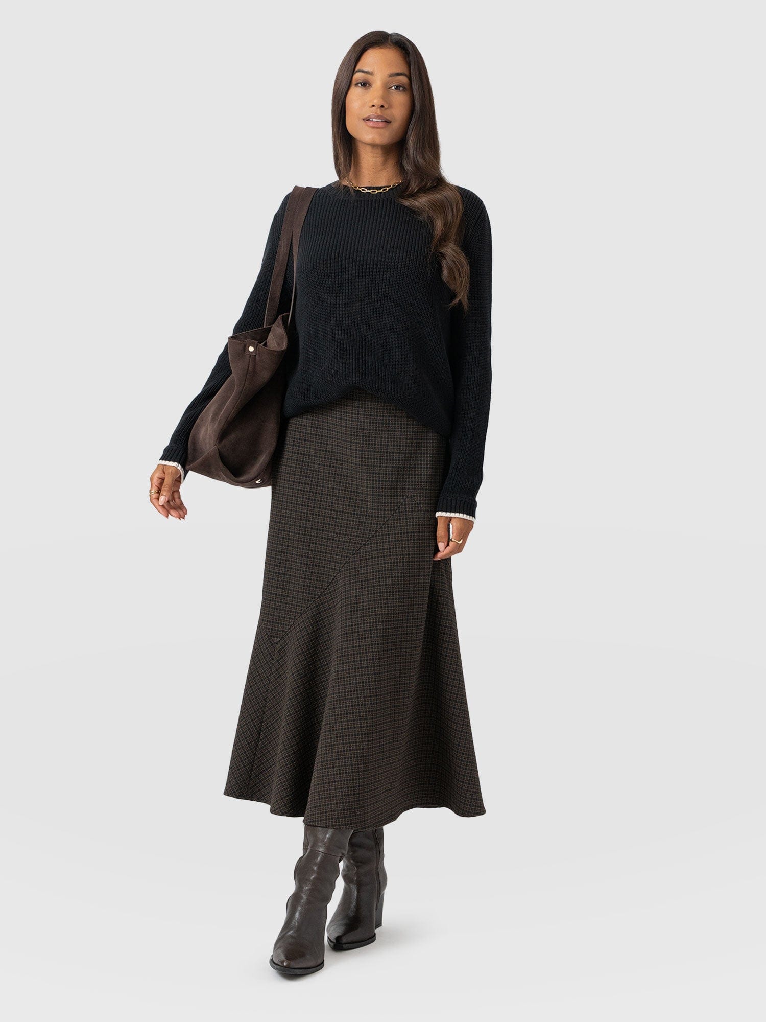 Piper Panelled Skirt - Brown Check - Women's Skirts | Saint + Sofia® EU
