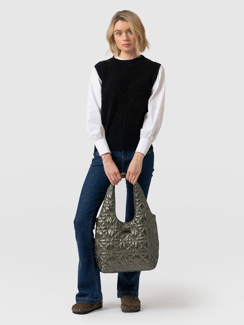 Quilted Stella Shoulder Tote Bag Metallic Khaki - Women's Bags | Saint + Sofia® EU