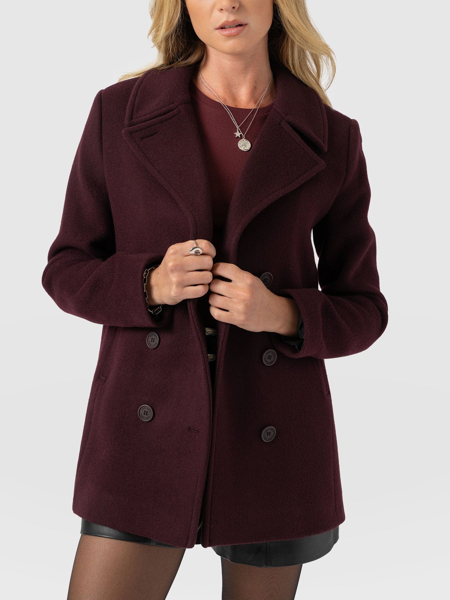 Quinn Pea Coat - Maroon - Women's Outerwears | Saint + Sofia® EU
