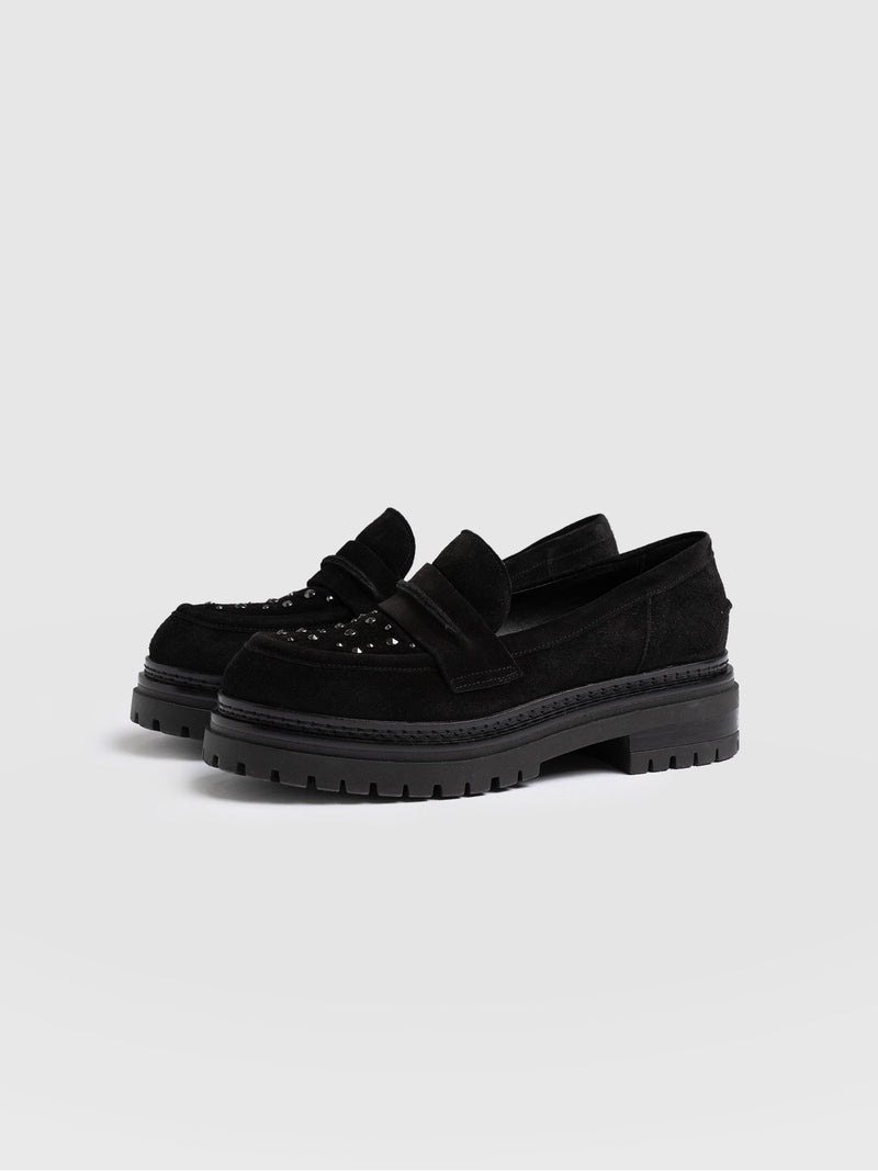 Raine Studded Loafer Black Suede- Women's Loafers | Saint + Sofia® EU