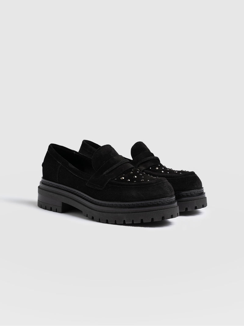 Raine Studded Loafer Black Suede- Women's Loafers | Saint + Sofia® EU