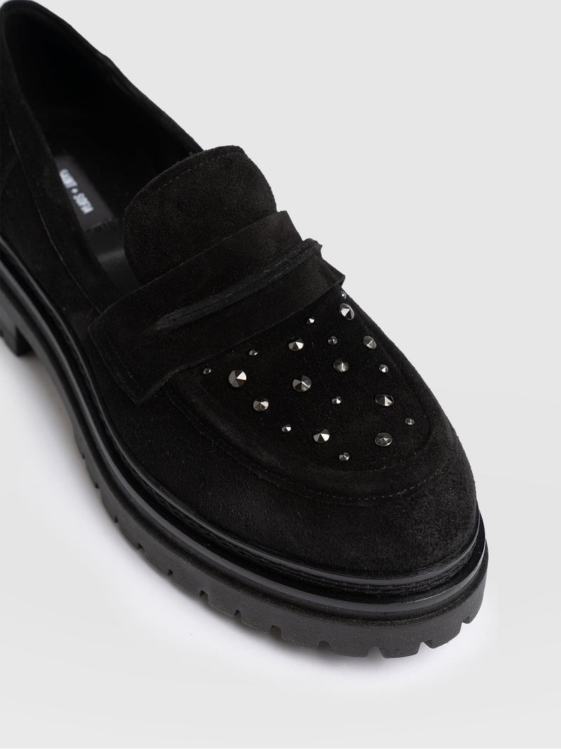 Raine Studded Loafer Black Suede- Women's Loafers | Saint + Sofia® EU