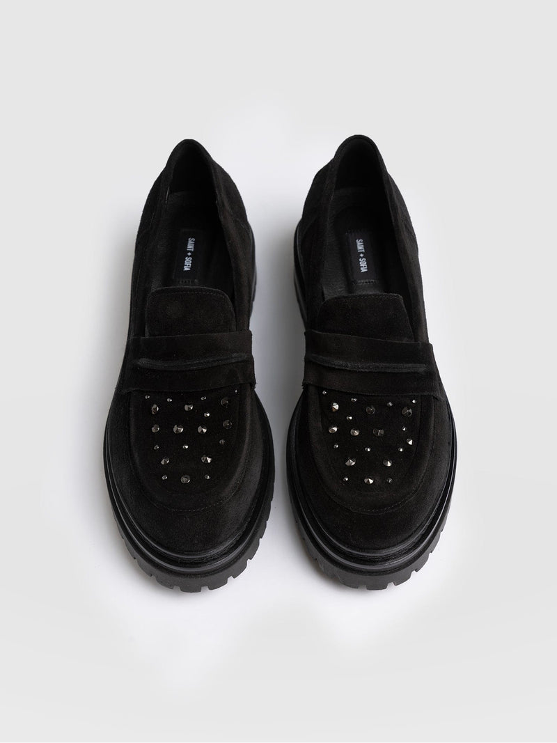 Raine Studded Loafer Black Suede- Women's Loafers | Saint + Sofia® EU