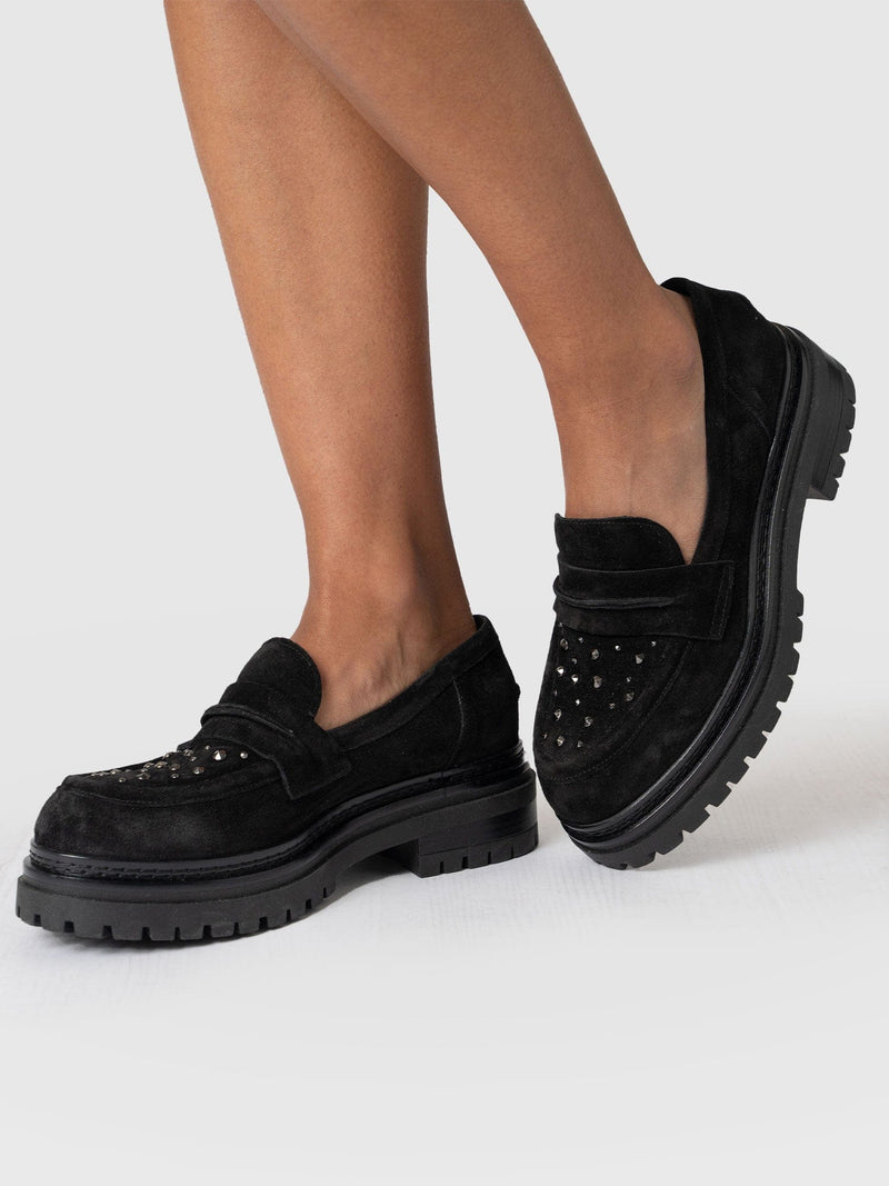 Raine Studded Loafer Black Suede- Women's Loafers | Saint + Sofia® EU