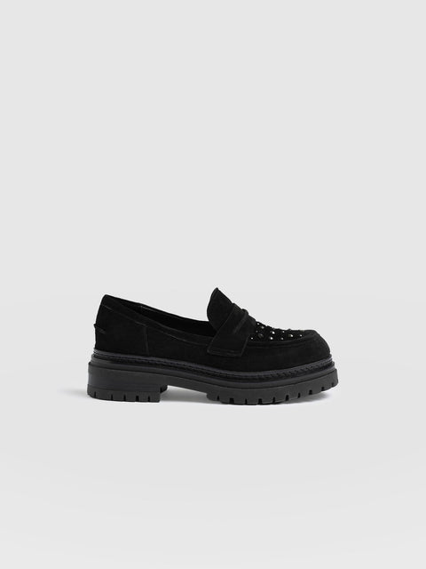Raine Studded Loafer Black Suede- Women's Loafers | Saint + Sofia® EU