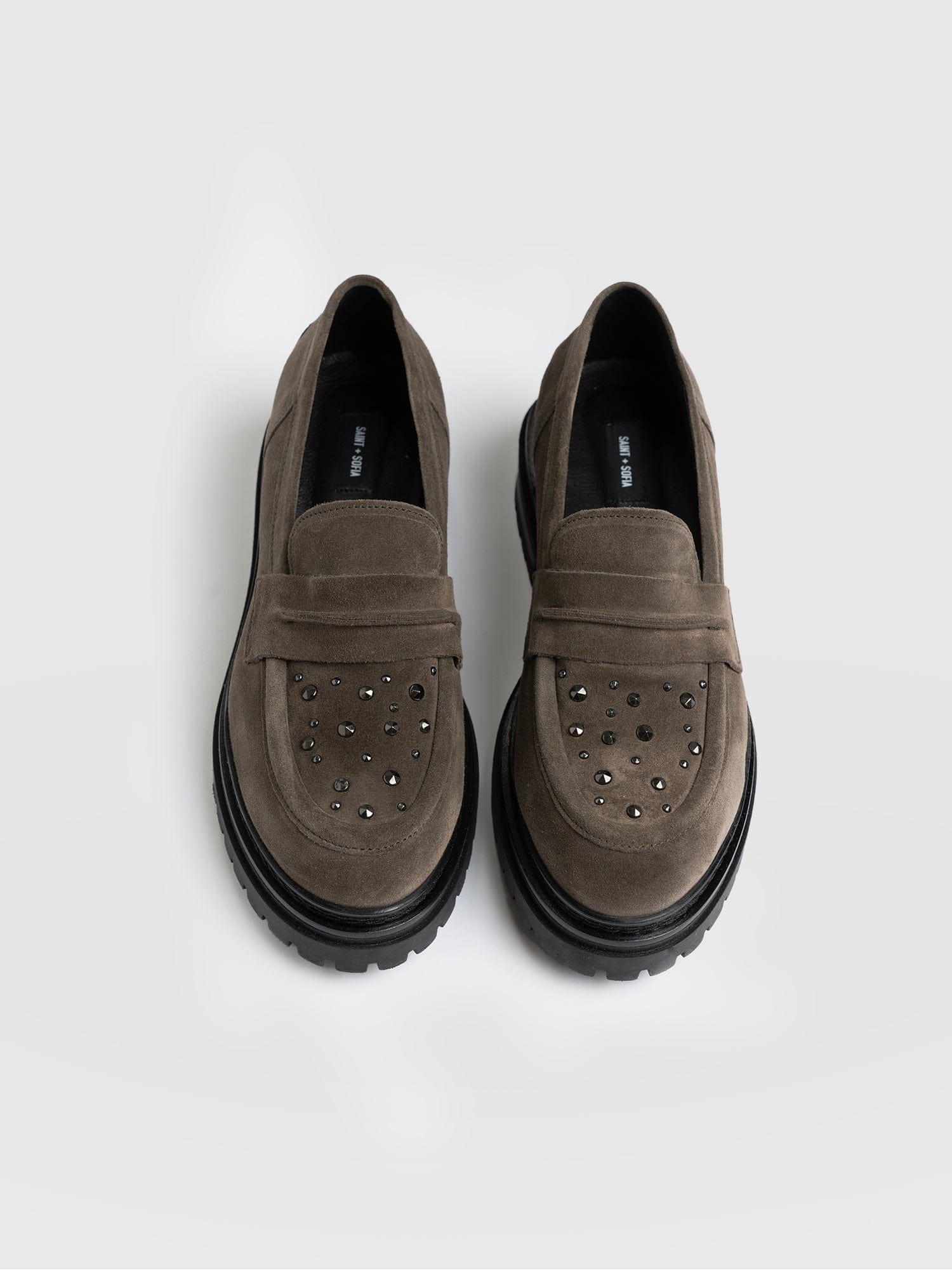 Raine Studded Loafer Taupe Suede- Women's Loafers | Saint + Sofia® EU