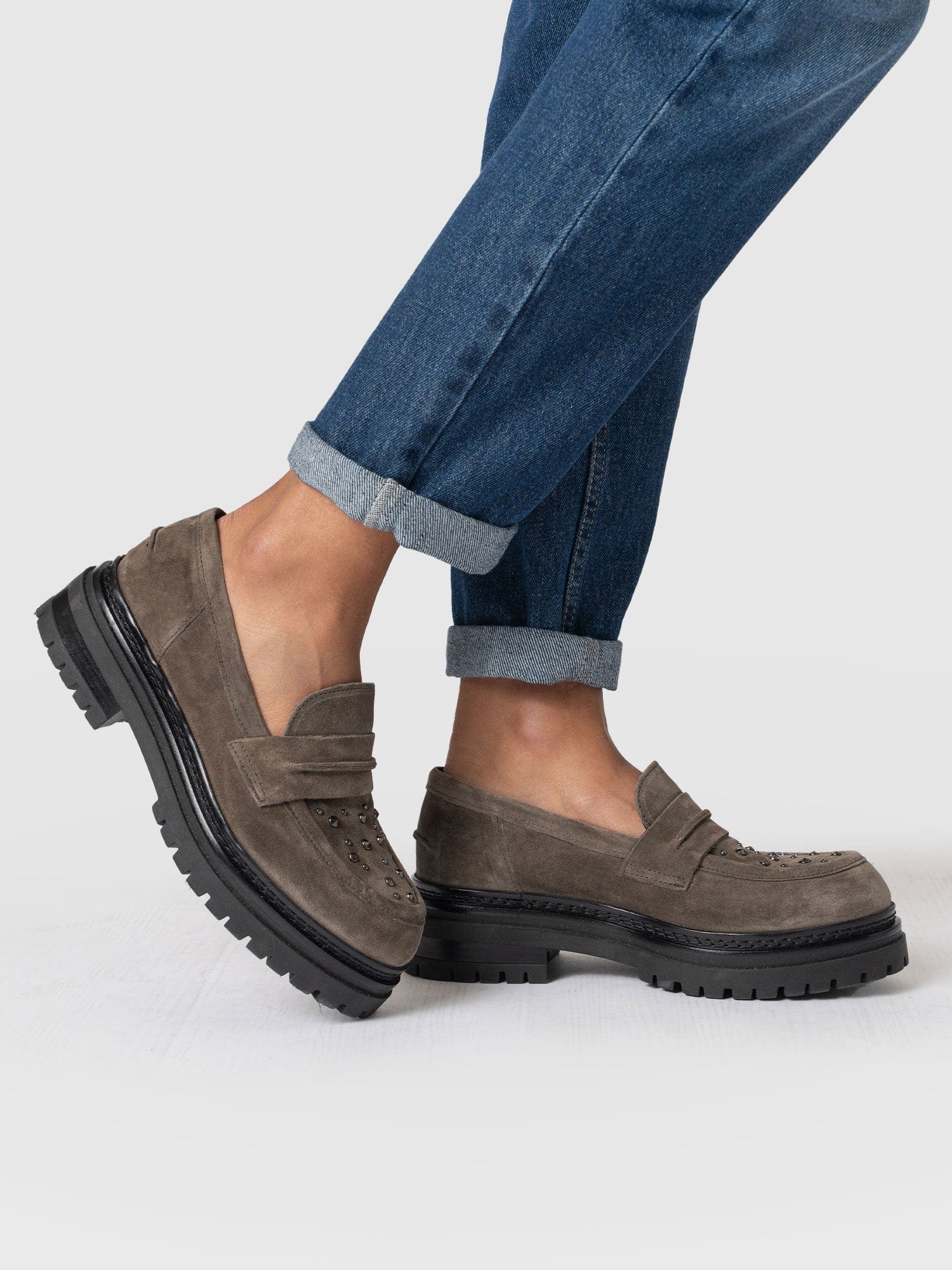 Raine Studded Loafer Taupe Suede- Women's Loafers | Saint + Sofia® EU