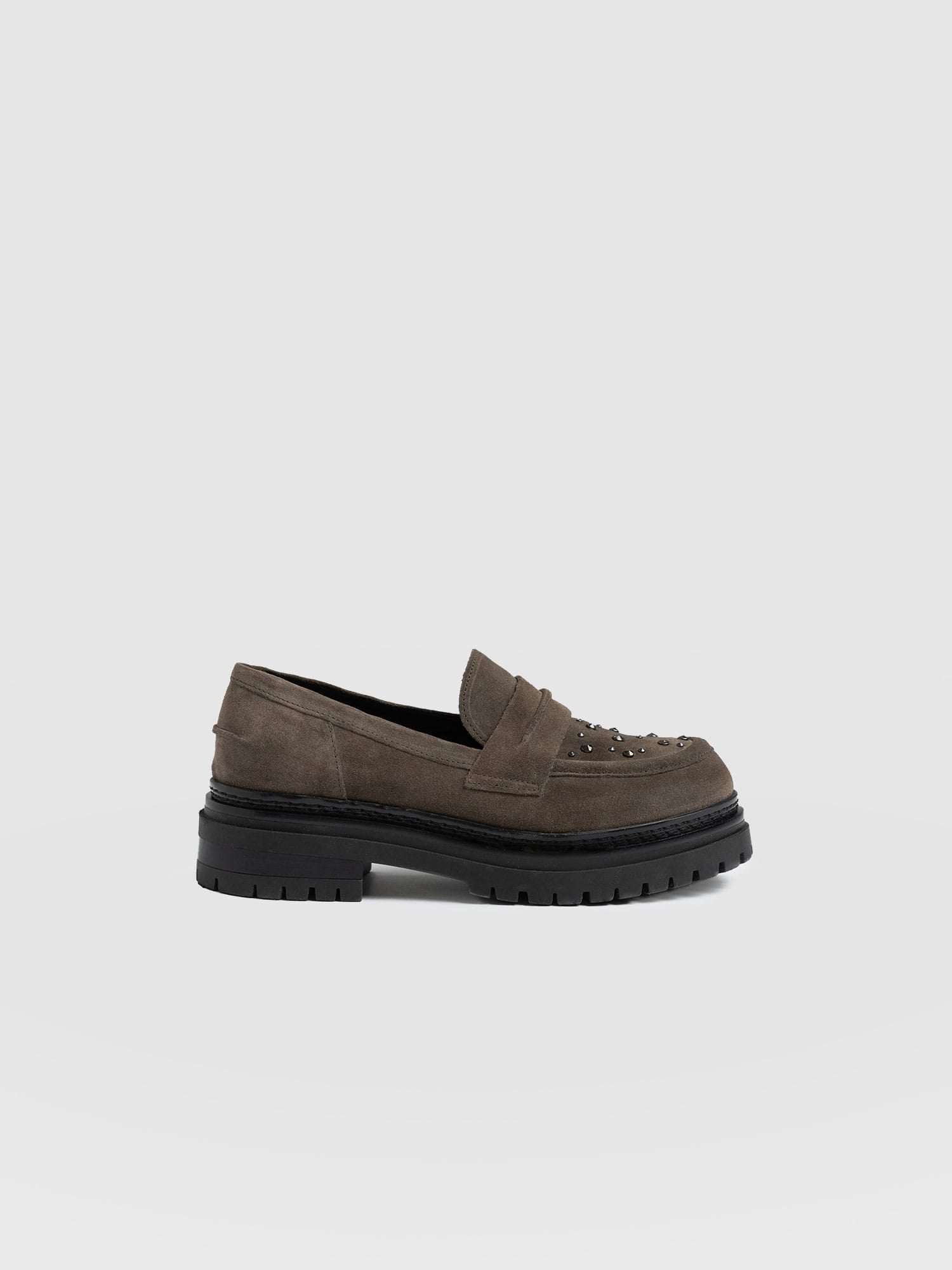 Raine Studded Loafer Taupe Suede- Women's Loafers | Saint + Sofia® EU