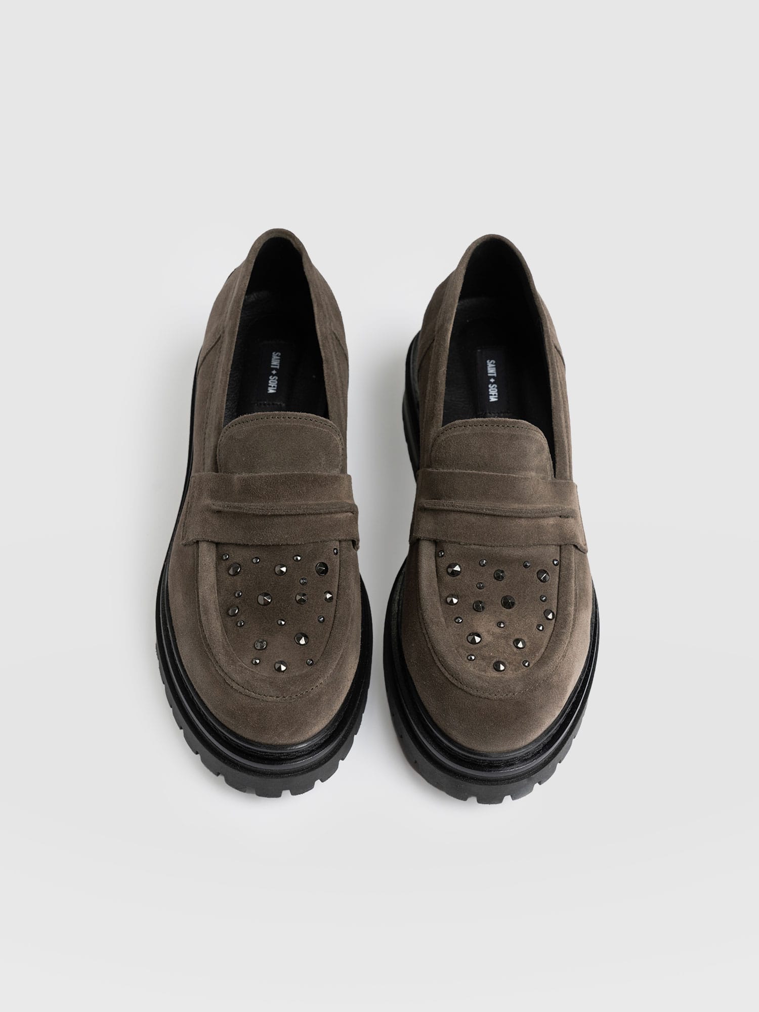 Raine Studded Loafer Taupe Suede- Women's Loafers | Saint + Sofia® EU
