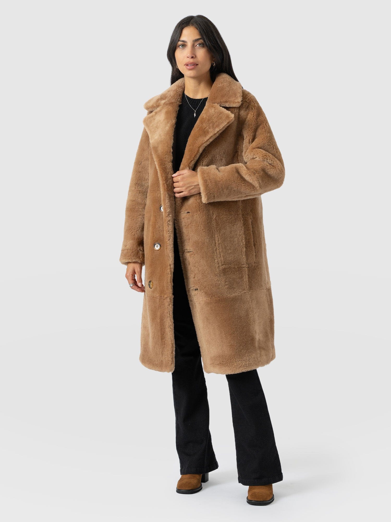 Ramone Shearling Reversible Coat - Brown - Women's Leathers | Saint + Sofia® EU